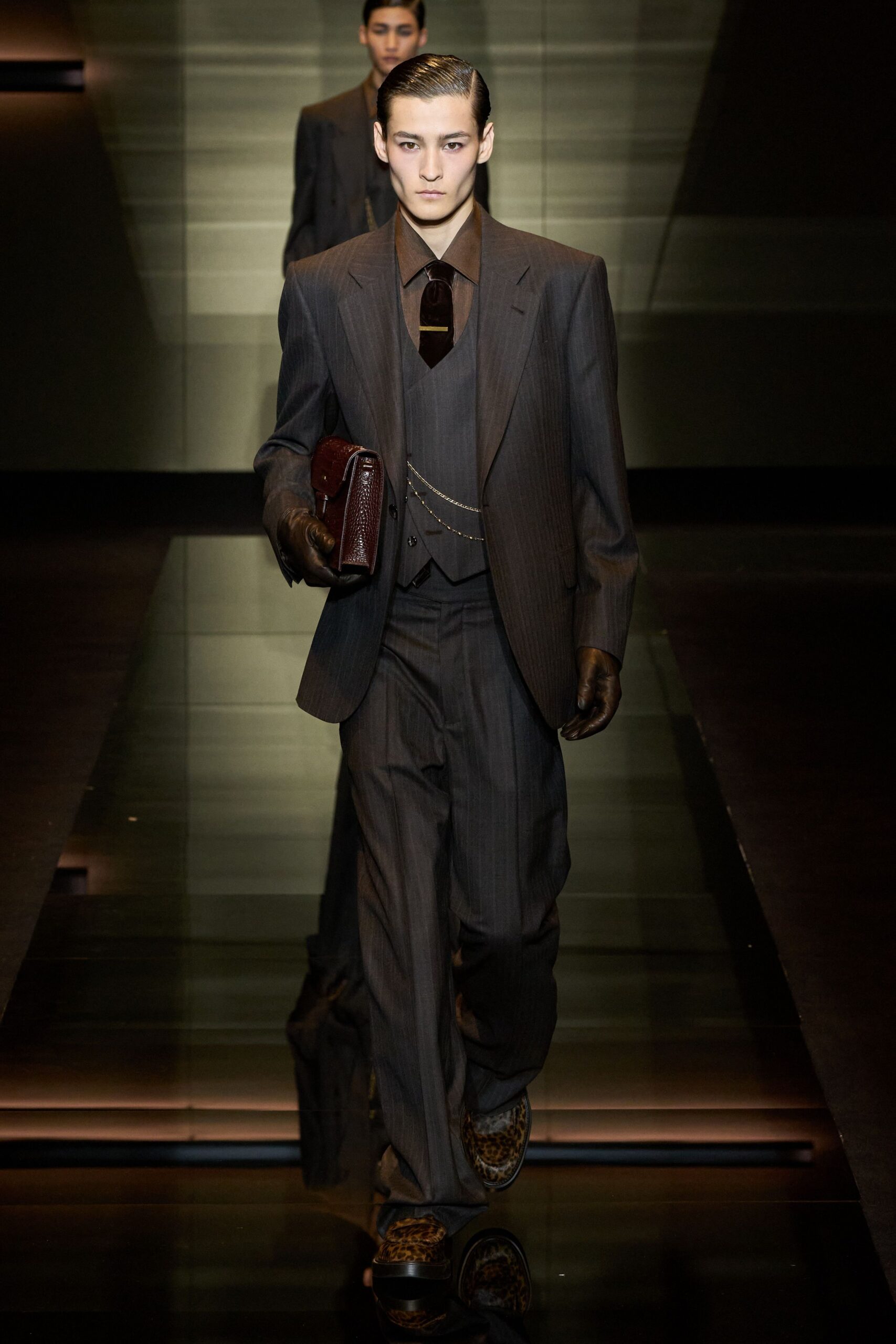 gray tailored suit with brown shirt