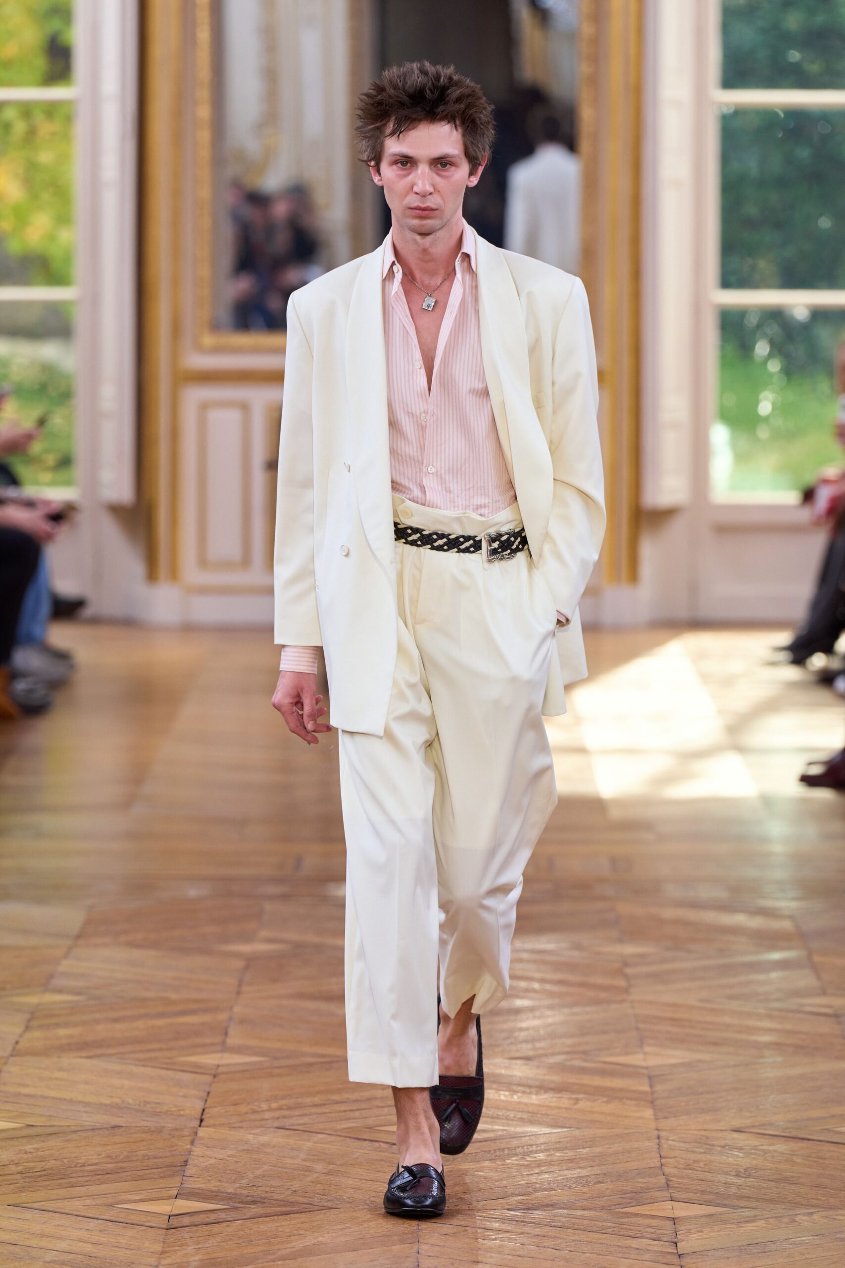 white tailored suit with pink shirt