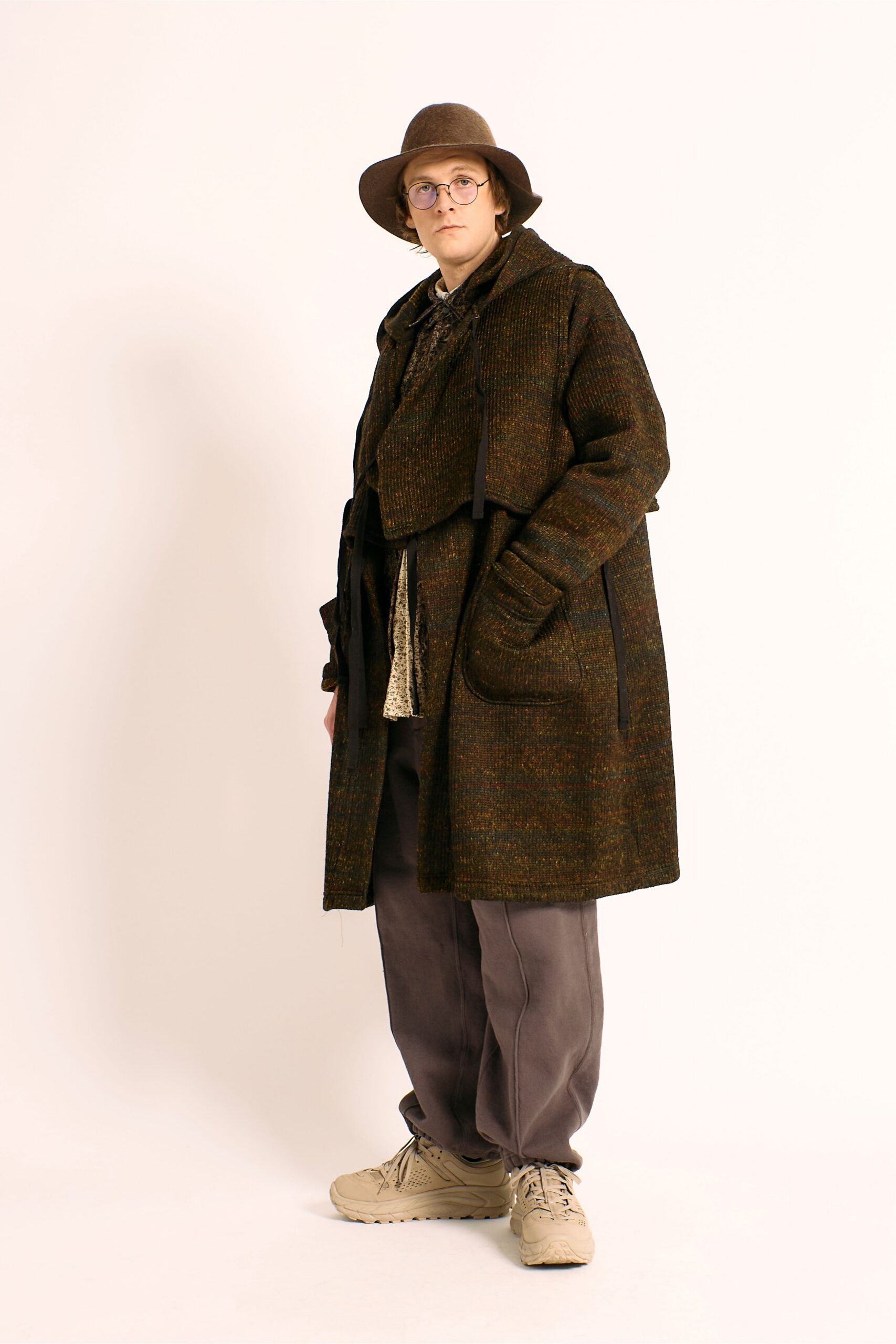 brown wool coat with beige shirt