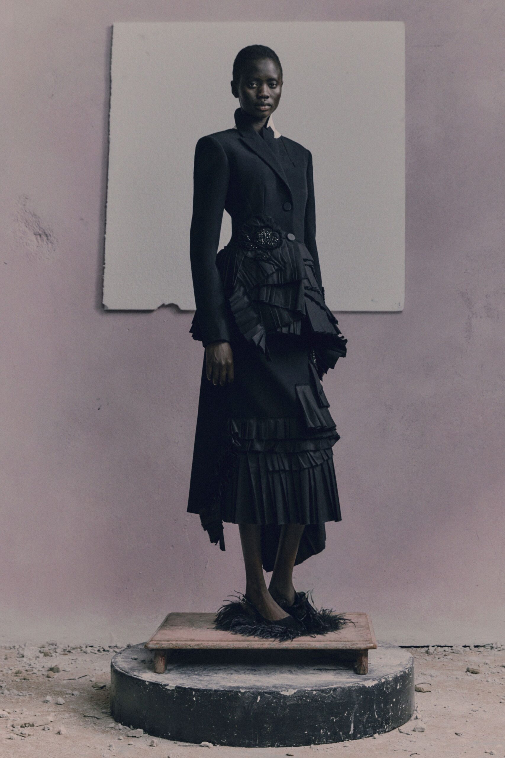 black silk long-sleeve collared fitted ruffled midi dress