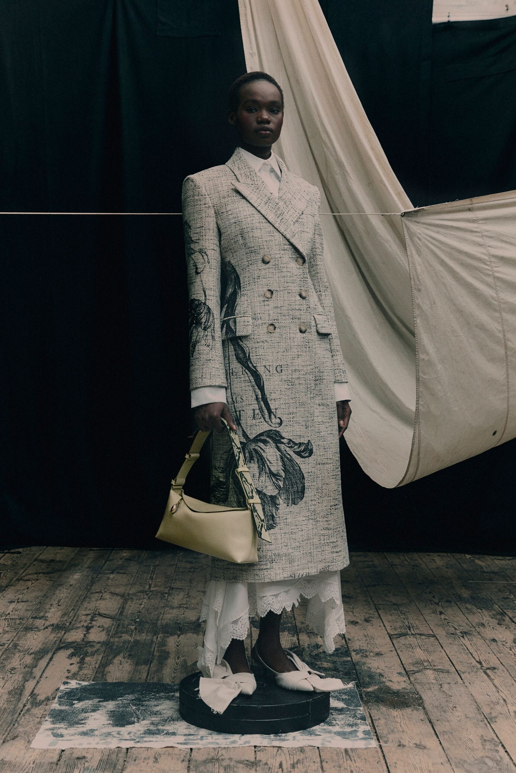 beige cotton long-sleeve collared tailored embroidered maxi coat
