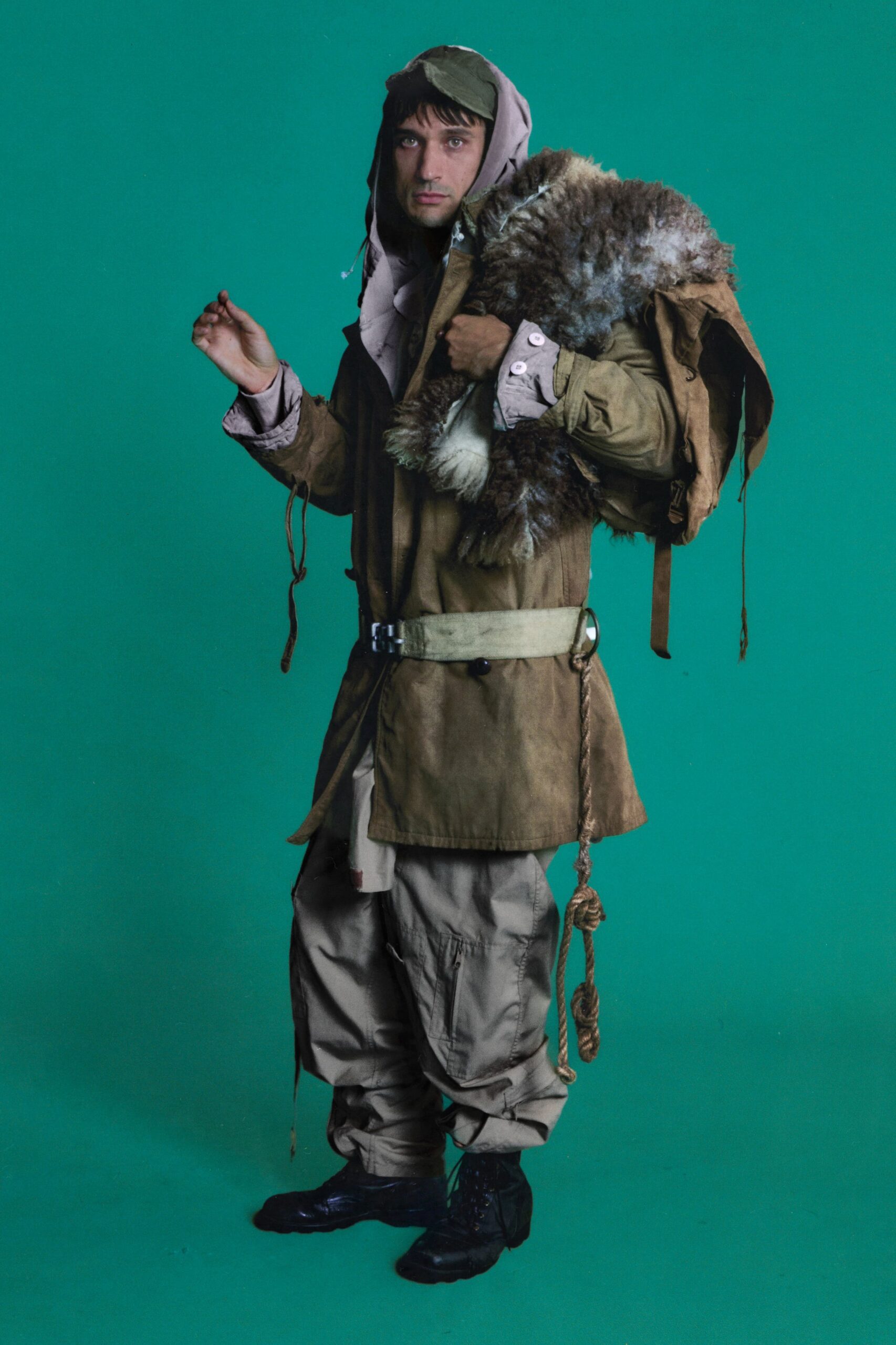 brown relaxed coat with beige cargo pants