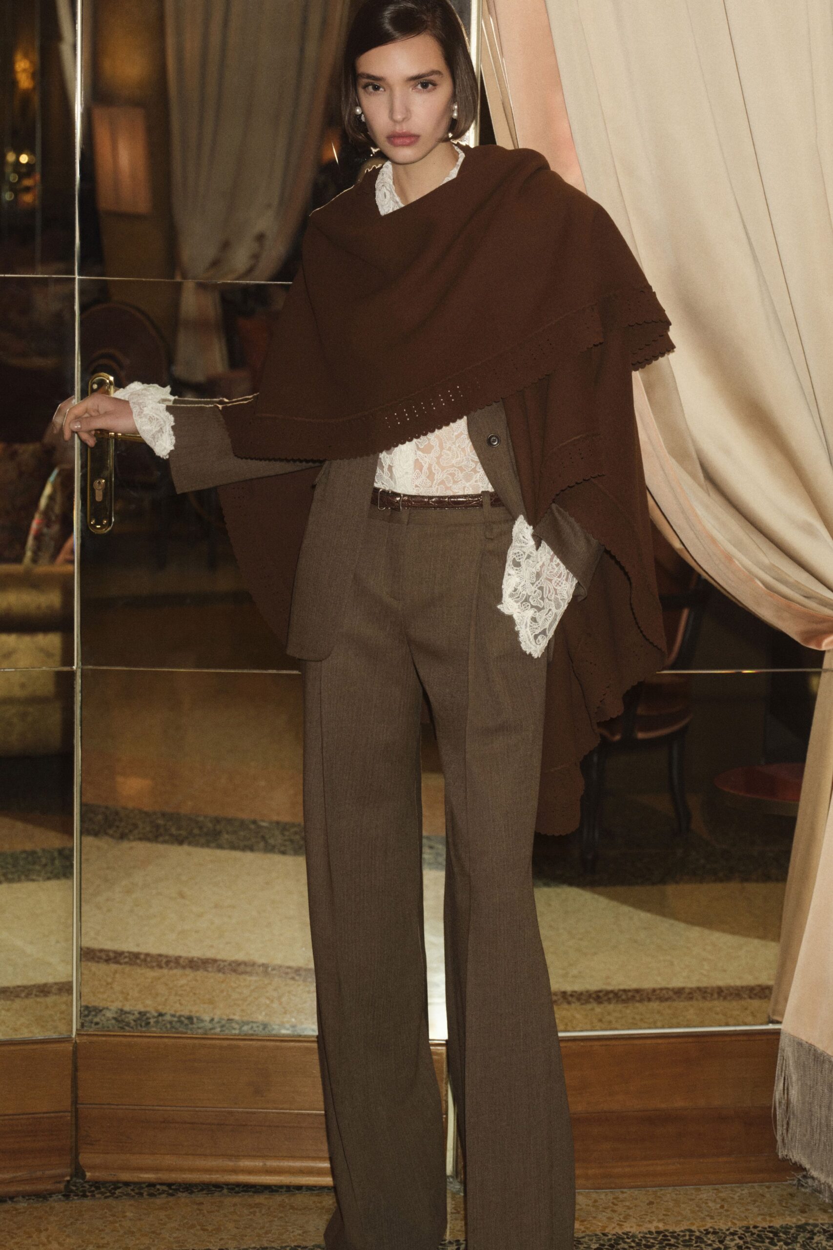 brown wool tailored high-waisted flared pants