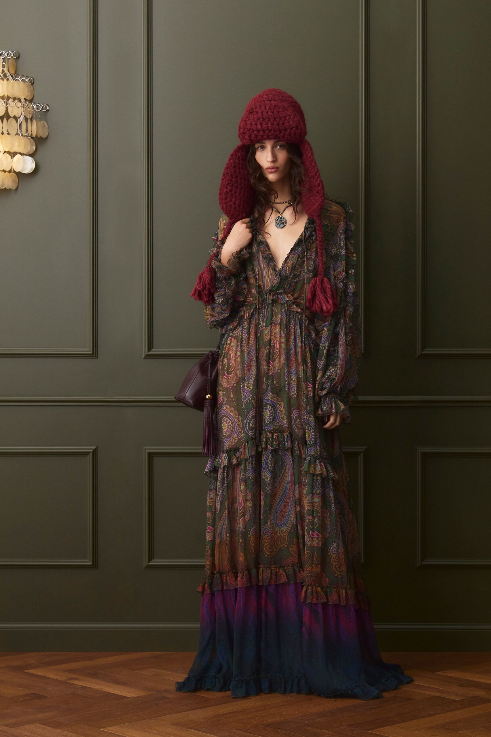 multi-colored maxi dress with knit hat