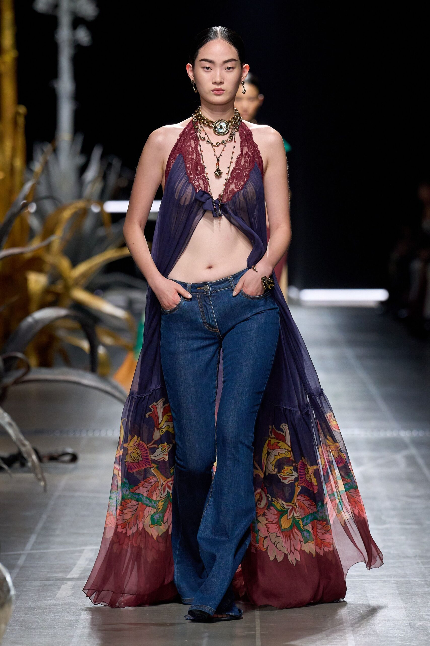 blue denim fitted flared jeans