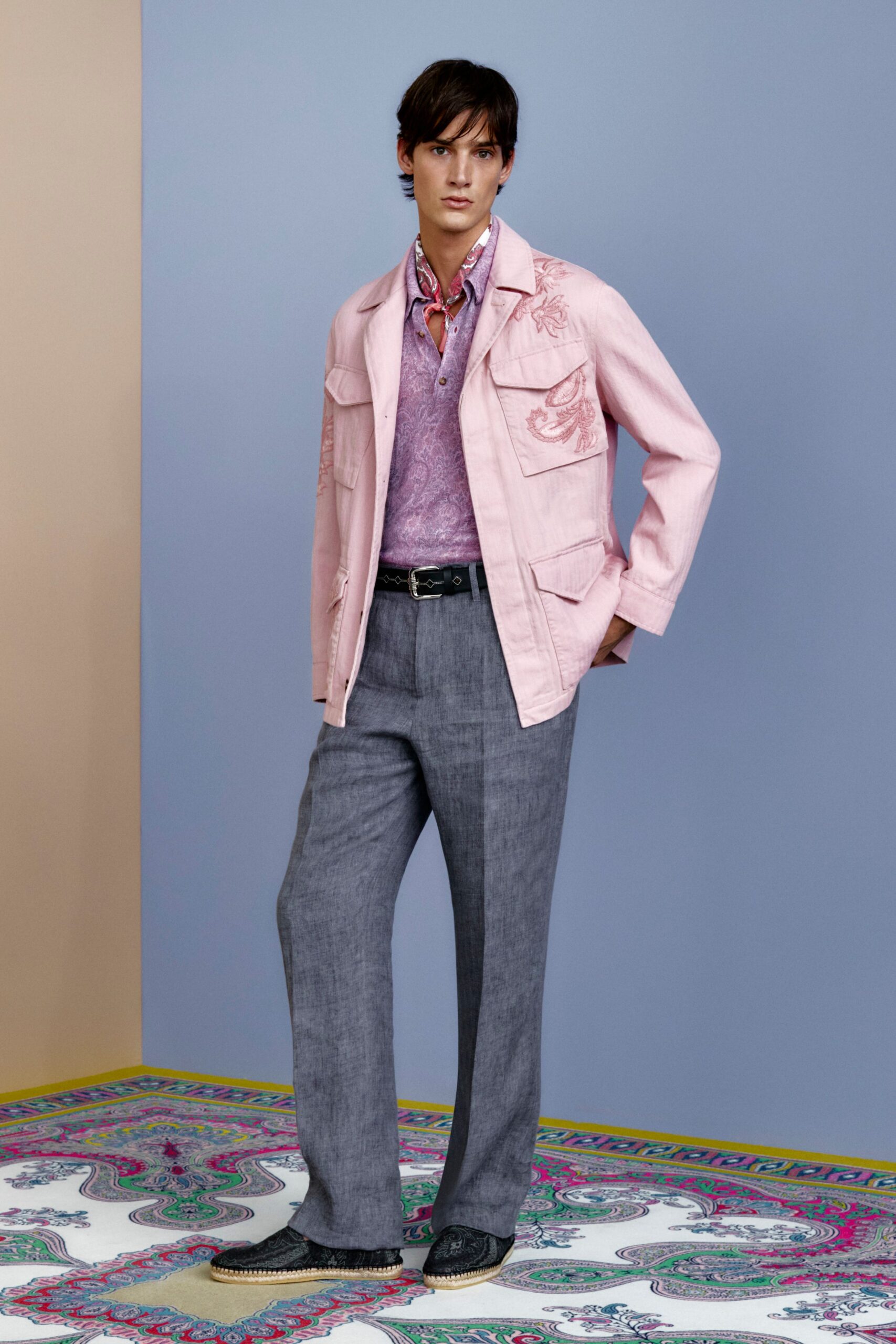 pink cotton long-sleeve collared relaxed buttoned embroidered jacket