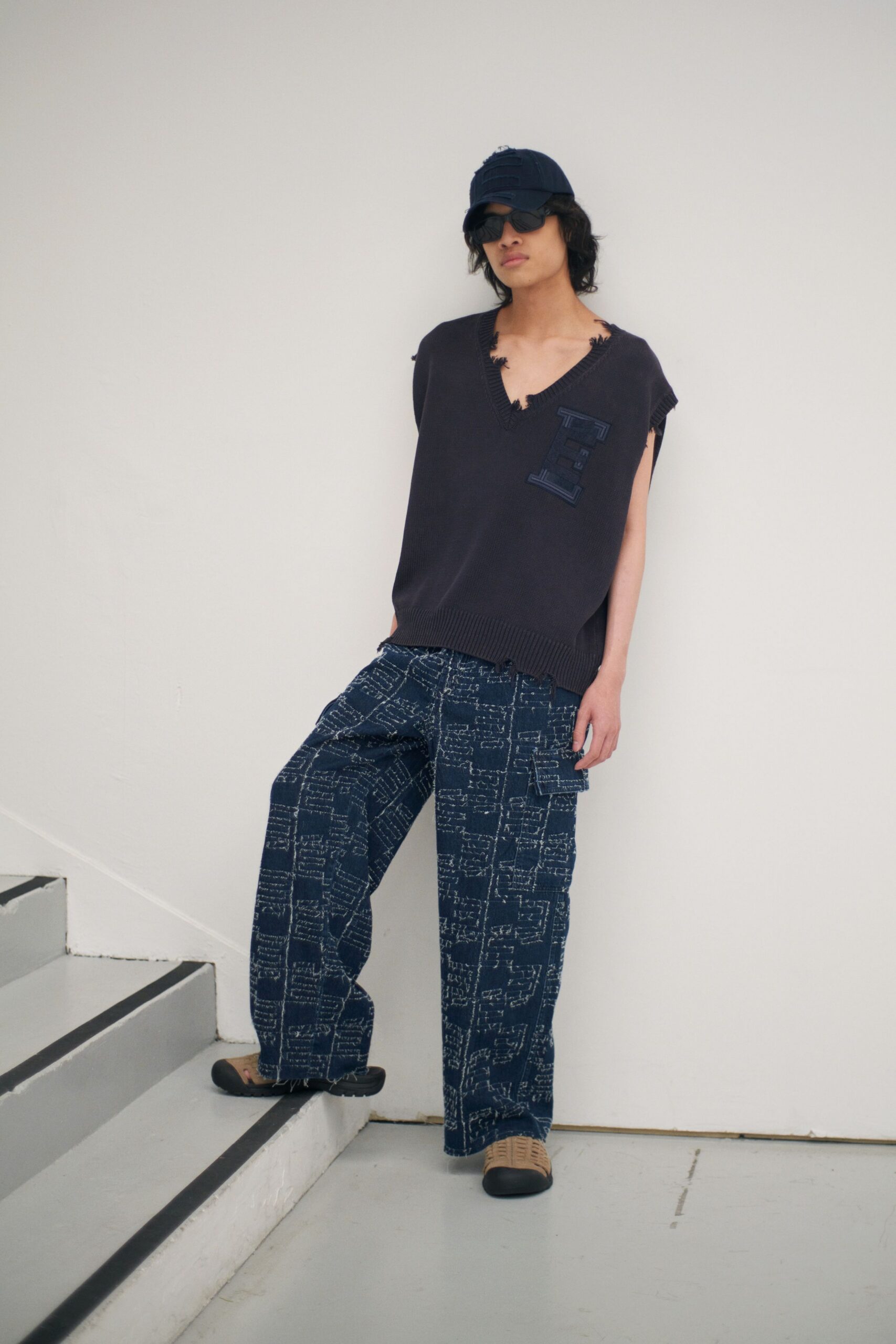 navy top with wide-leg pants