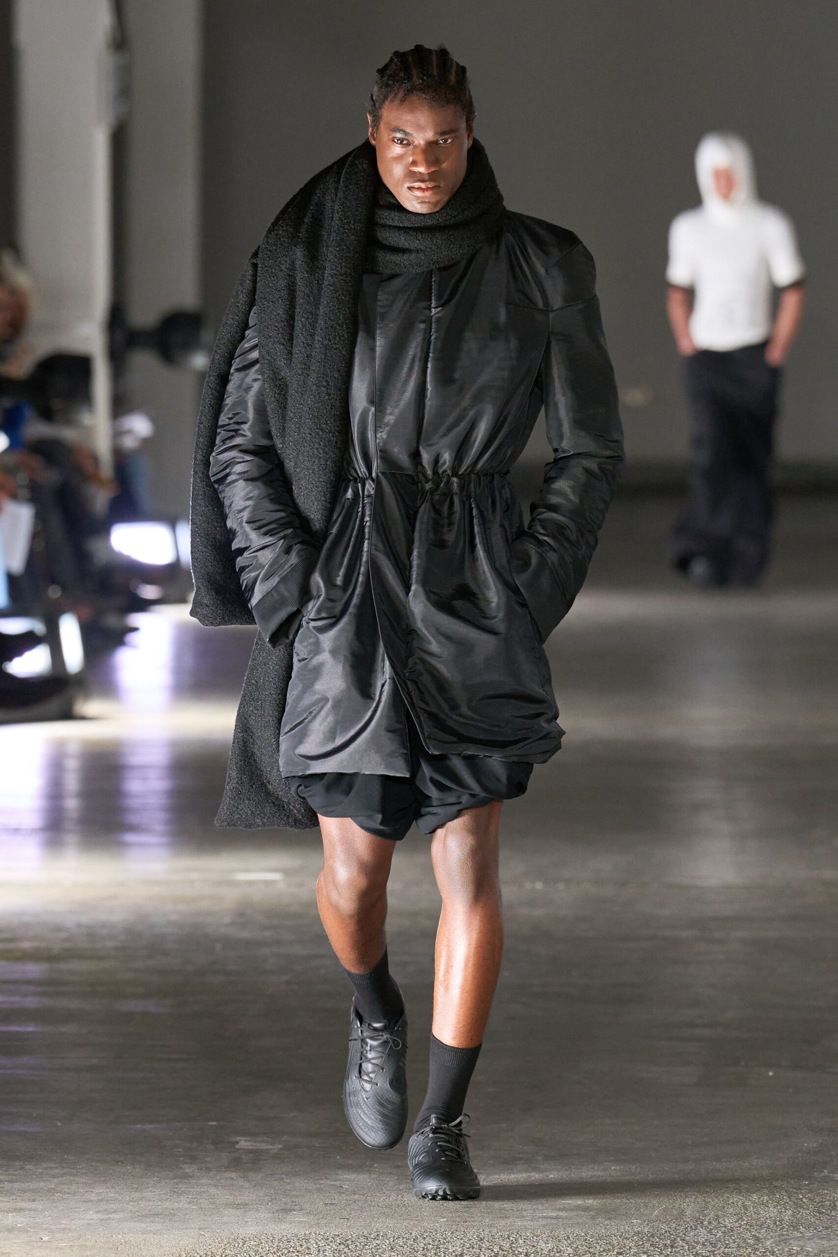 black silk long-sleeve collared fitted zippered draped coat