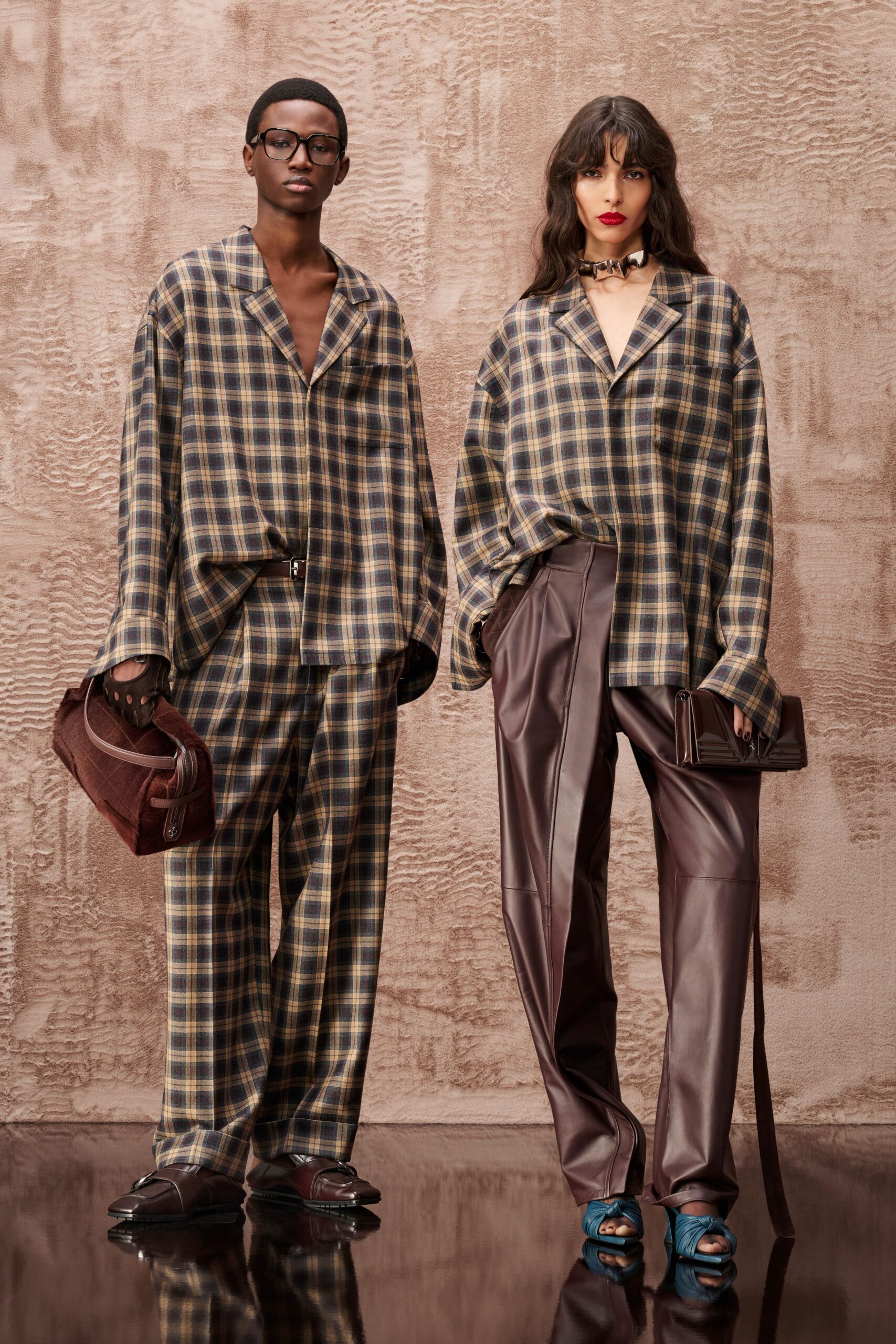 brown cotton long-sleeve collared oversized checked shirt