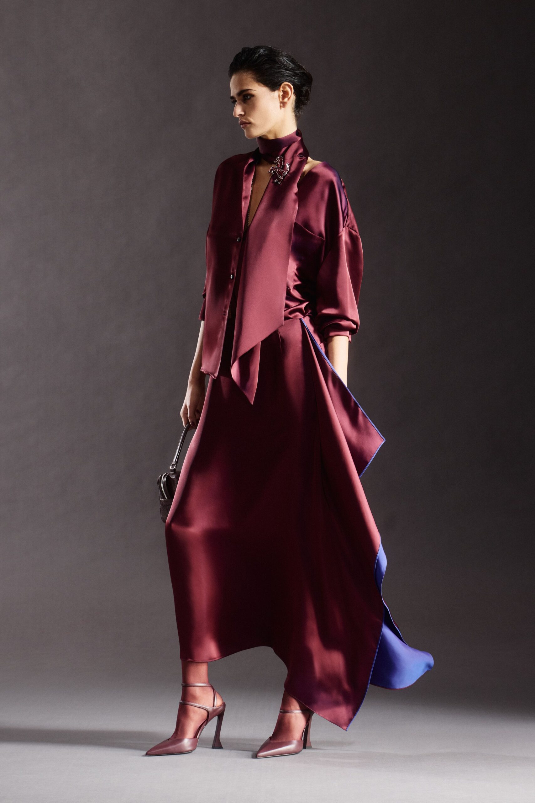 maroon silk asymmetric dress