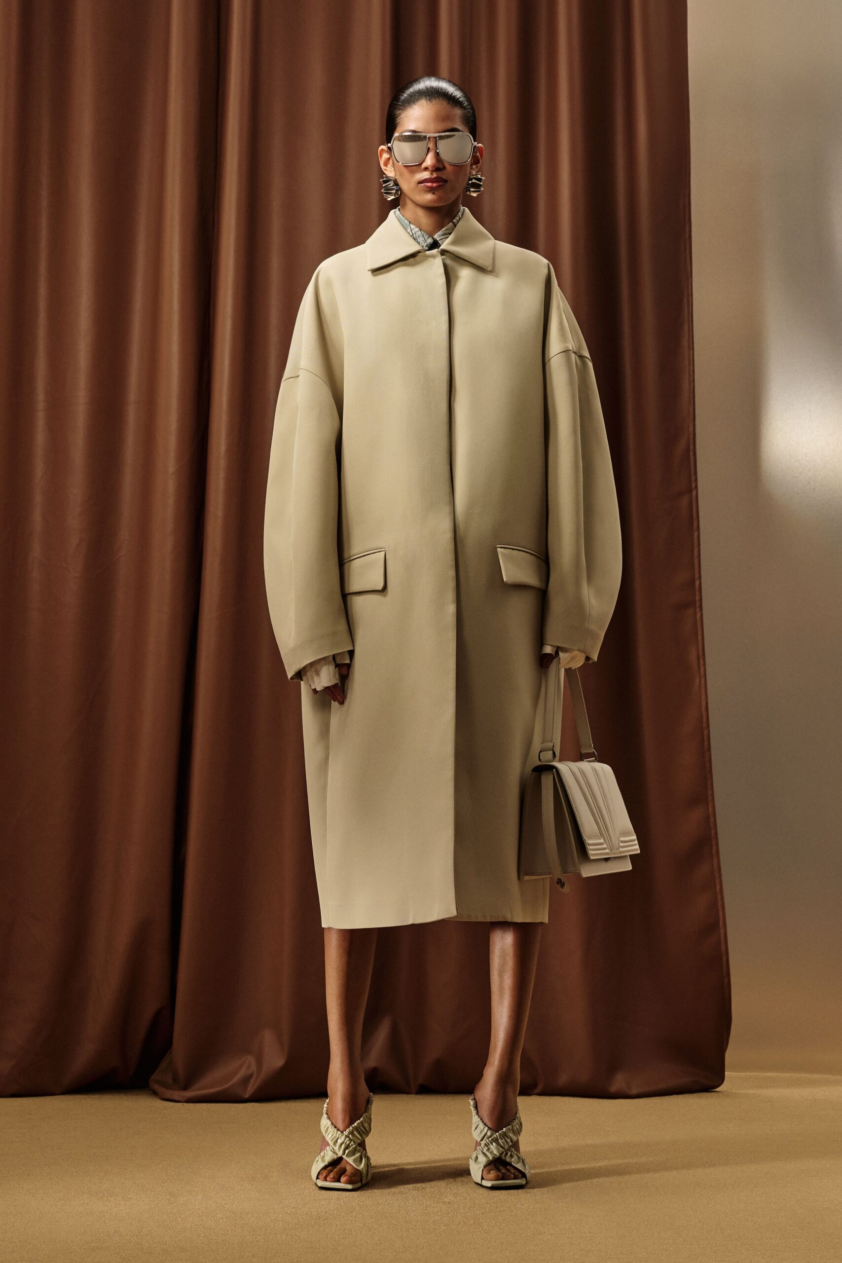 beige cotton long-sleeve collared oversized buttoned midi coat