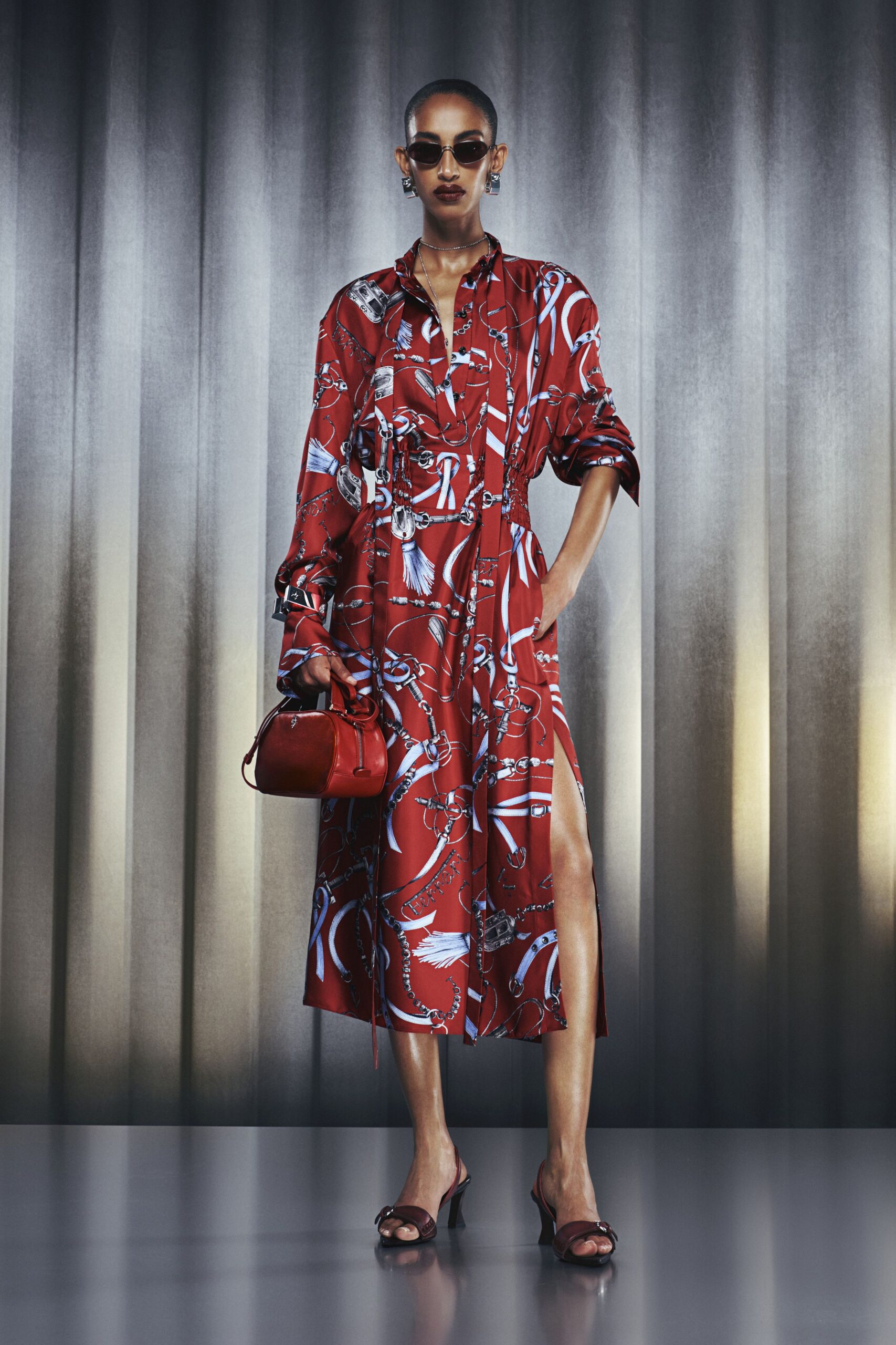 red silk long-sleeve collared relaxed printed midi shirt-dress