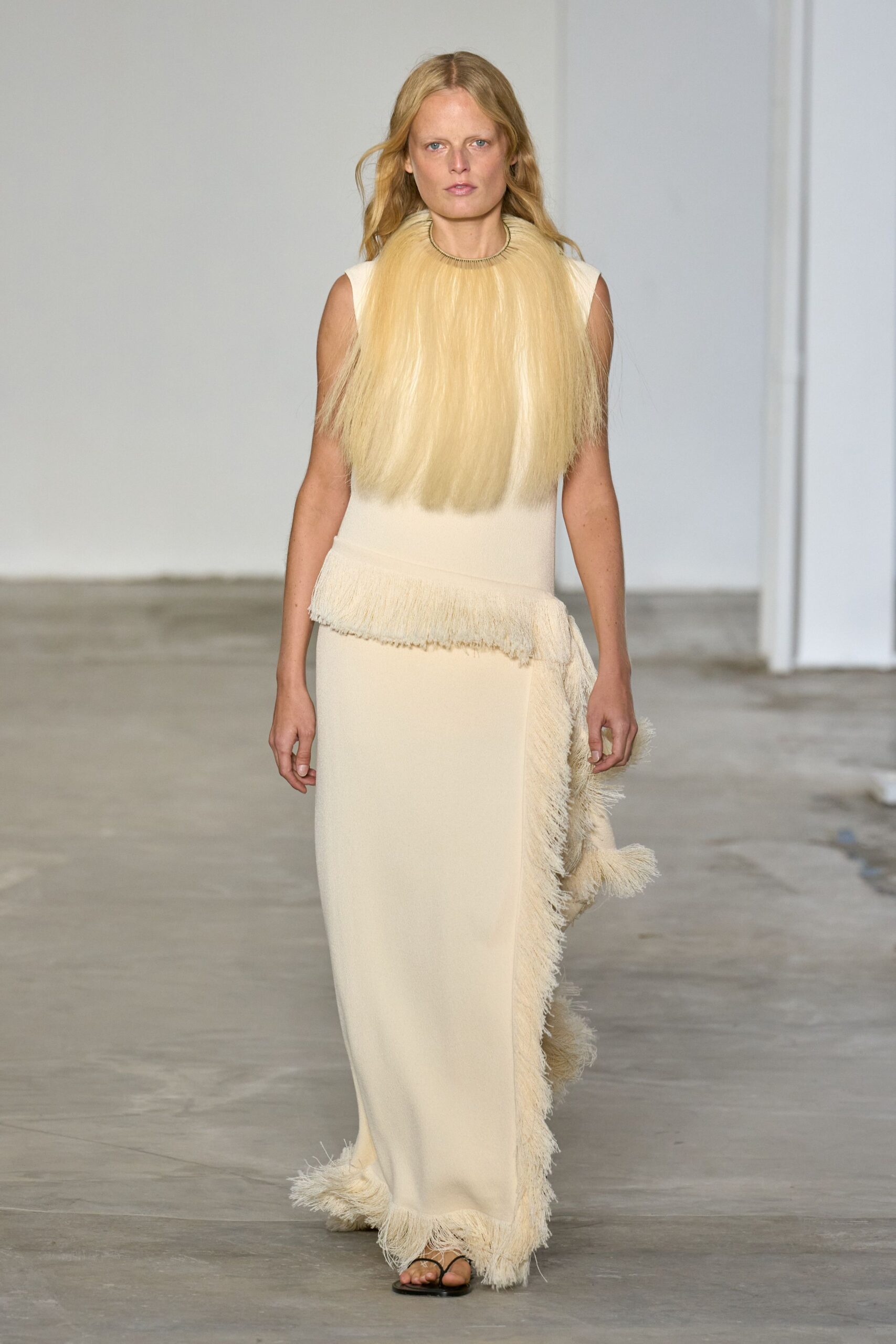 beige wool sleeveless fitted fringed maxi gown