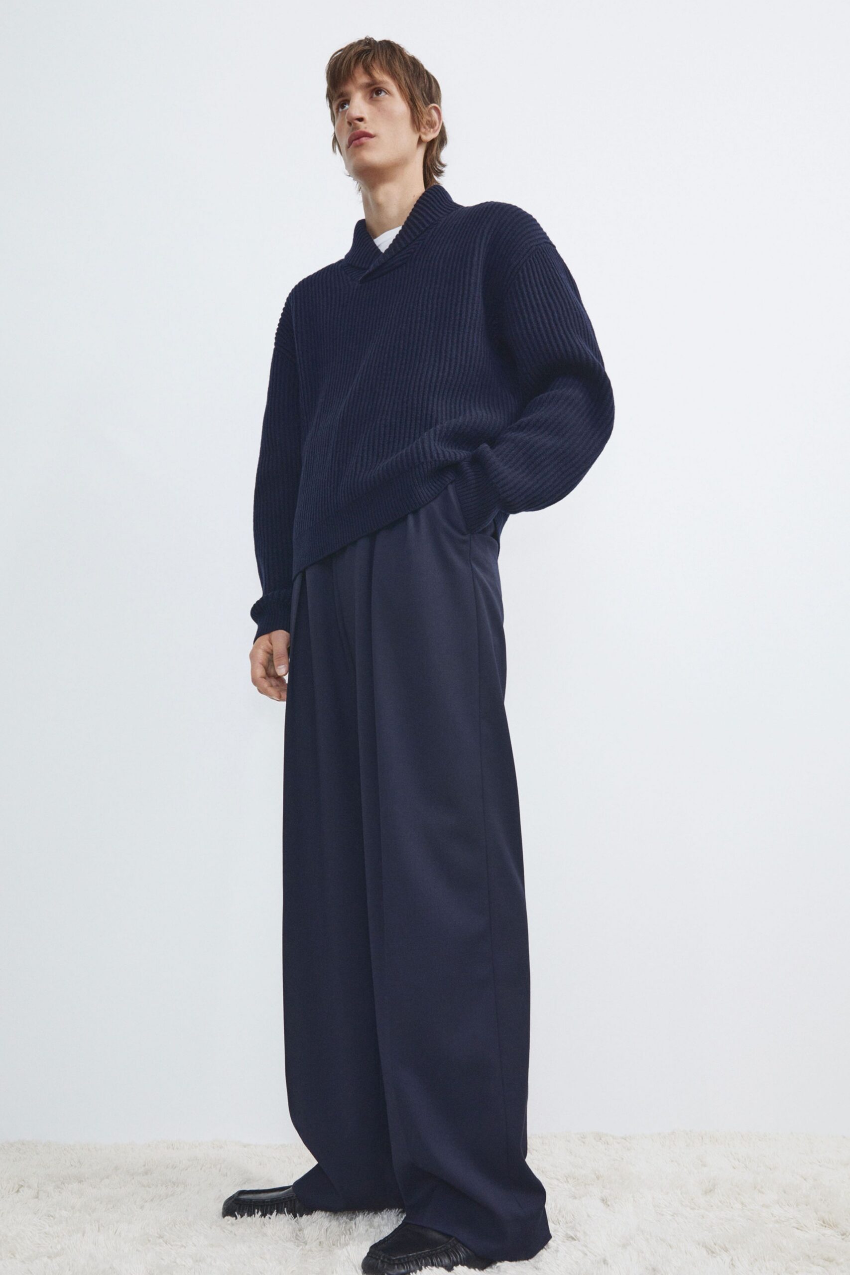 blue wool long-sleeve v-neck oversized ribbed sweater