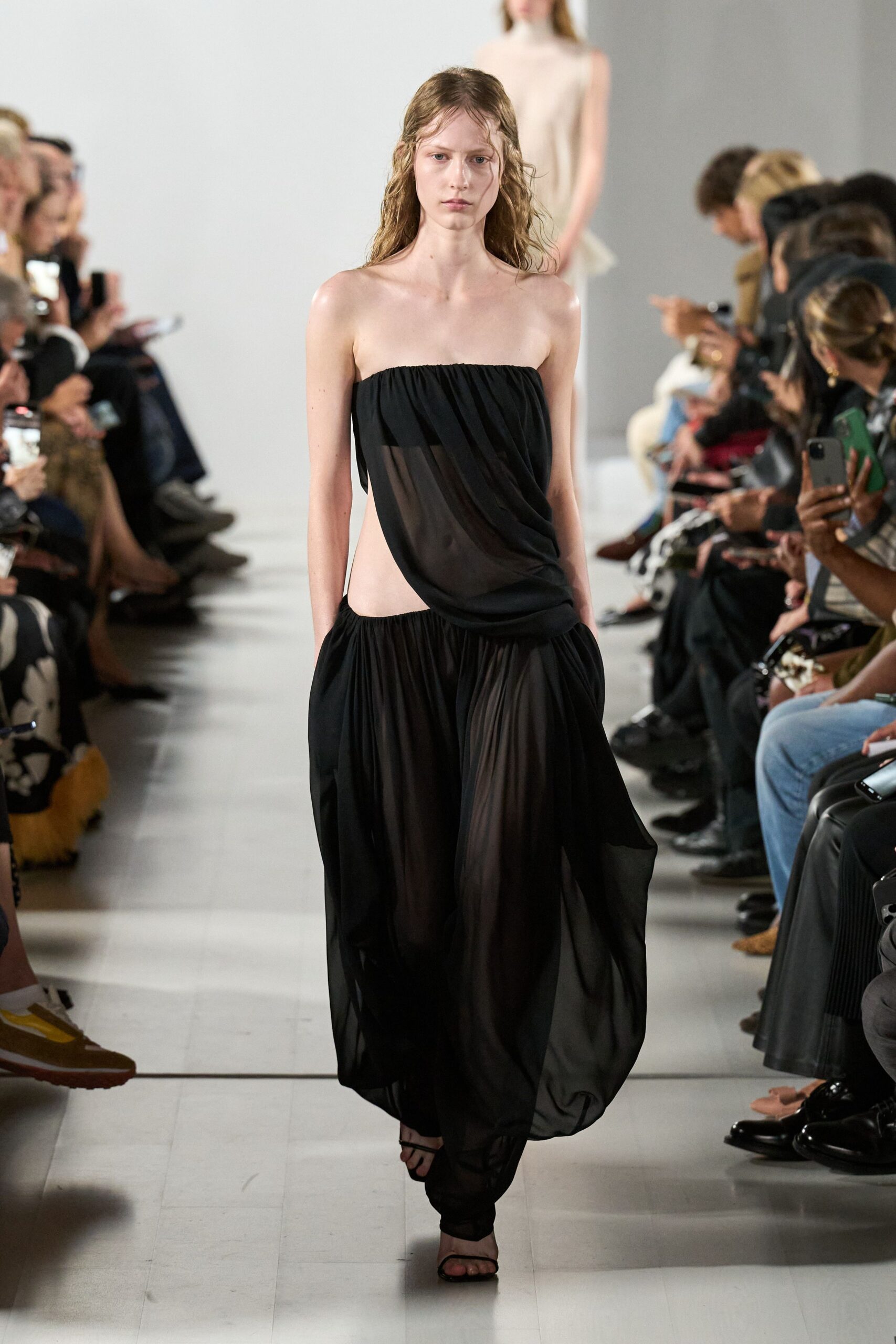 black chiffon strapless cutout fitted draped sheer dress