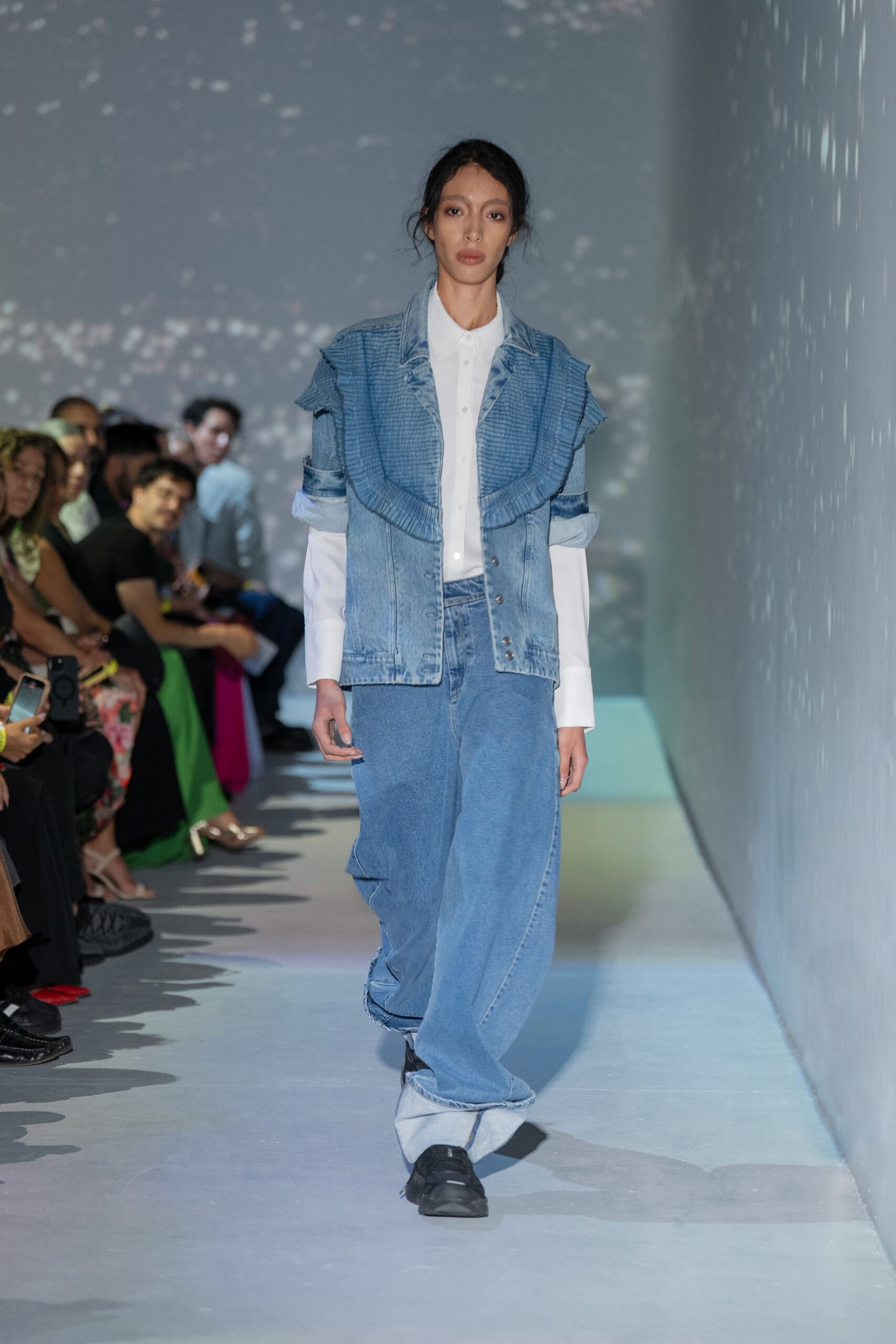 blue denim long-sleeve collared relaxed ruffled jacket