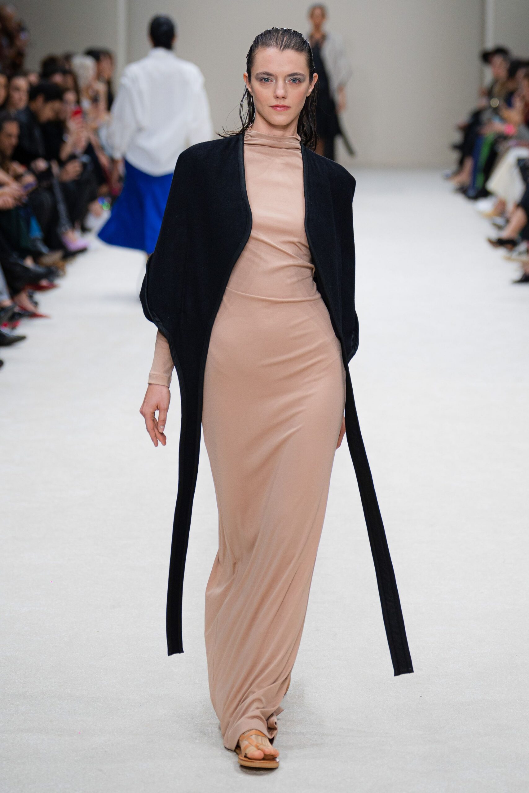 beige silk long-sleeve high-neck fitted straight-leg flowing dress