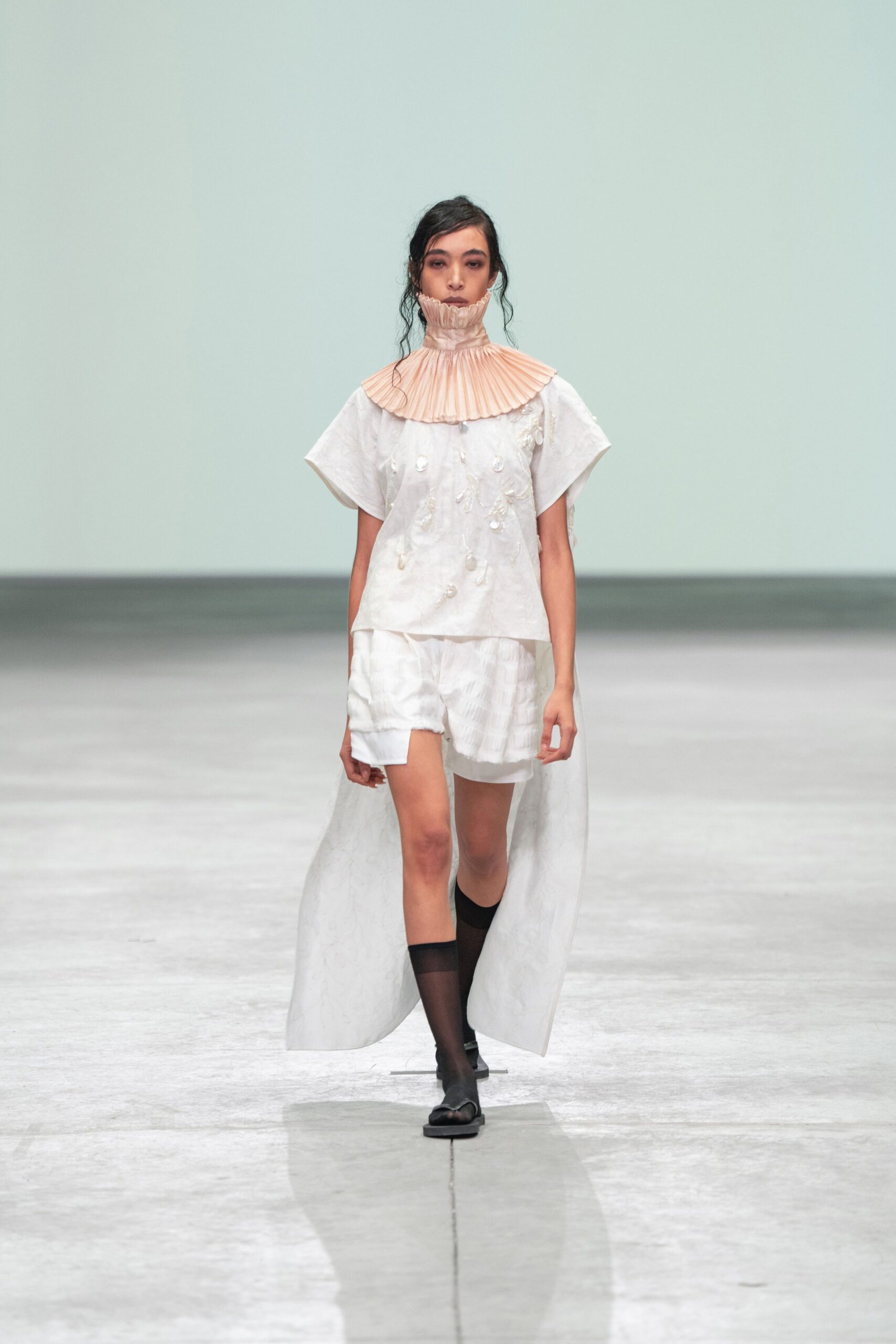 white cotton short-sleeve high-neck fitted pleated embroidered dress