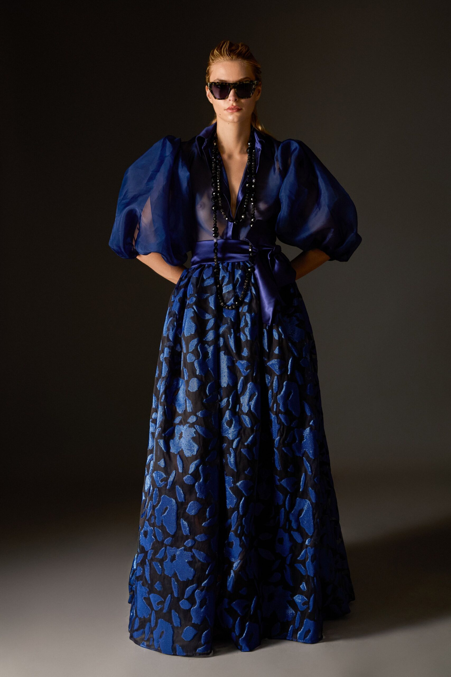 blue and black pleated gown