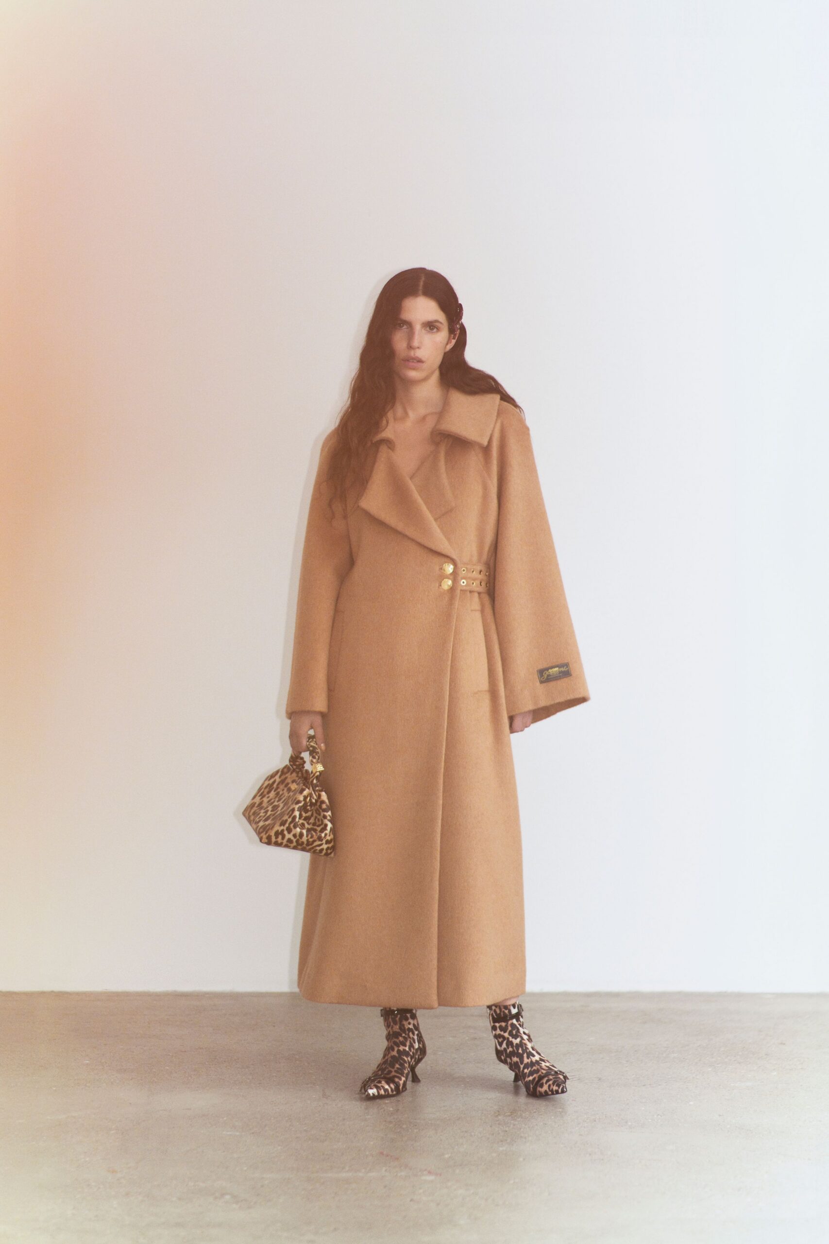 beige wool long-sleeve collared relaxed buttoned maxi coat