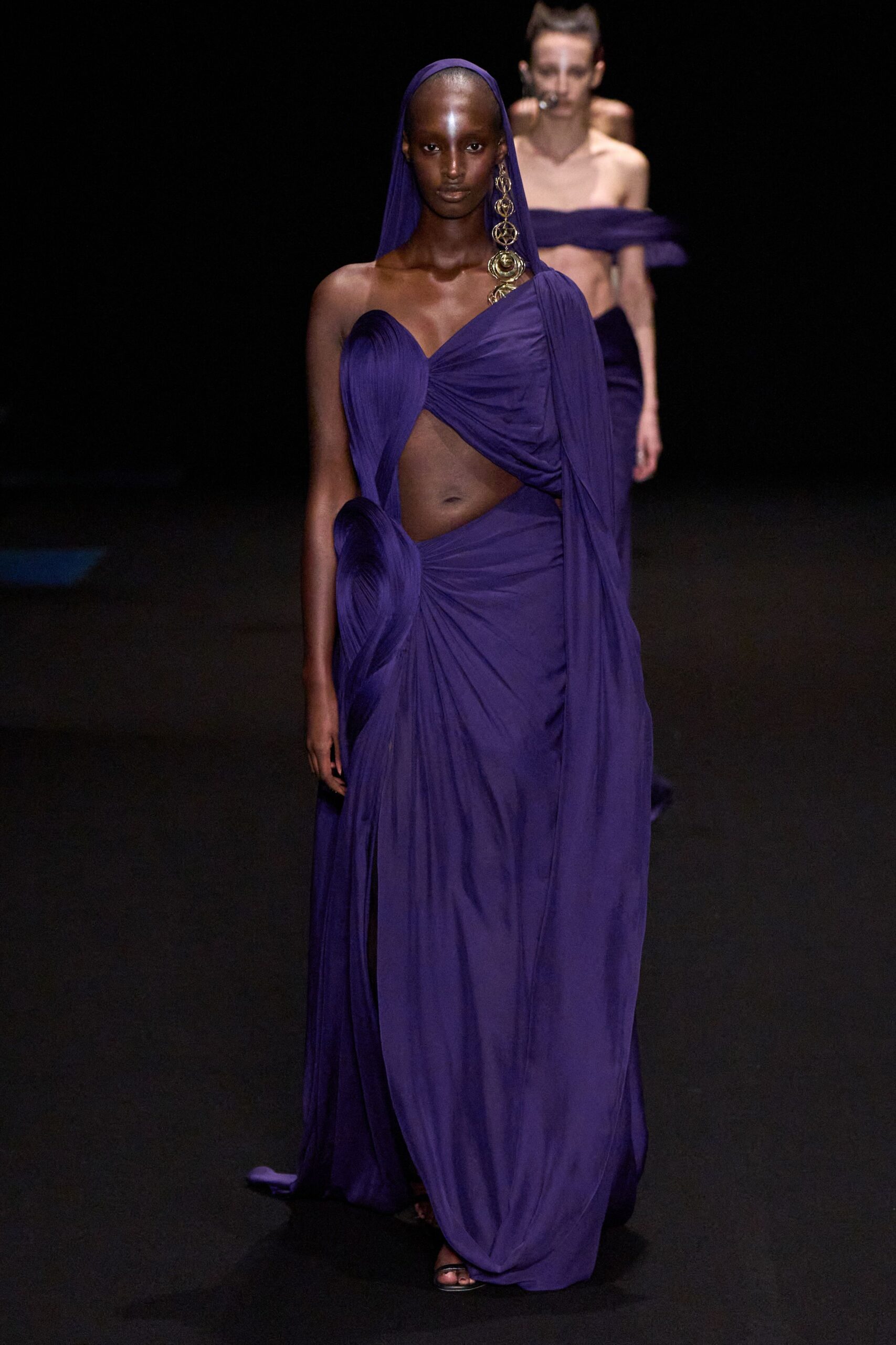 purple silk draped gown