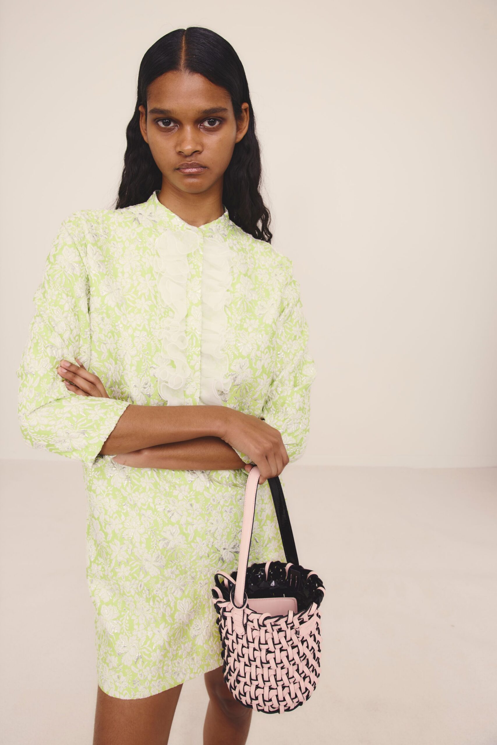 green cotton long-sleeve collared fitted floral buttoned shirt-dress