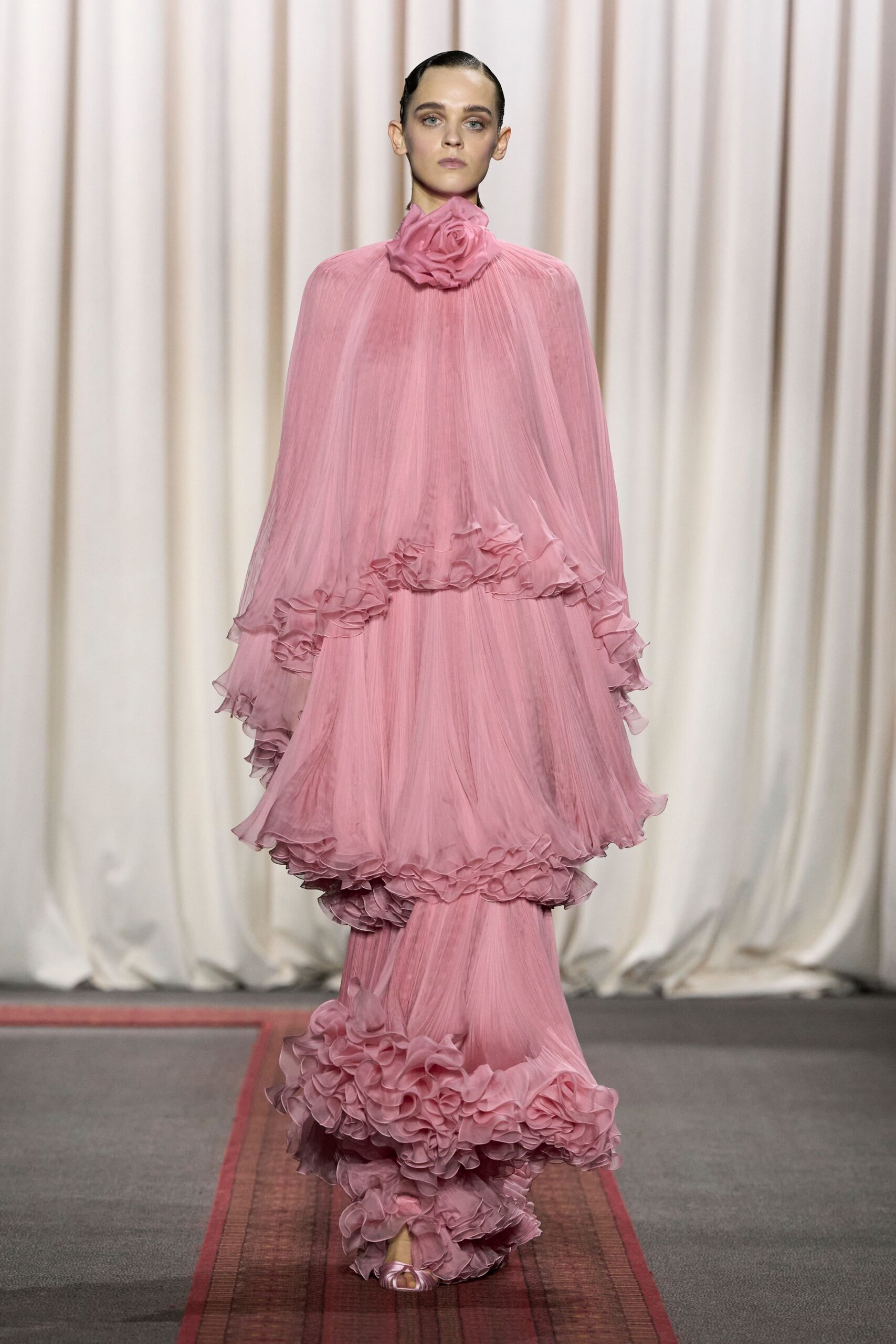 pink ruffled chiffon gown
