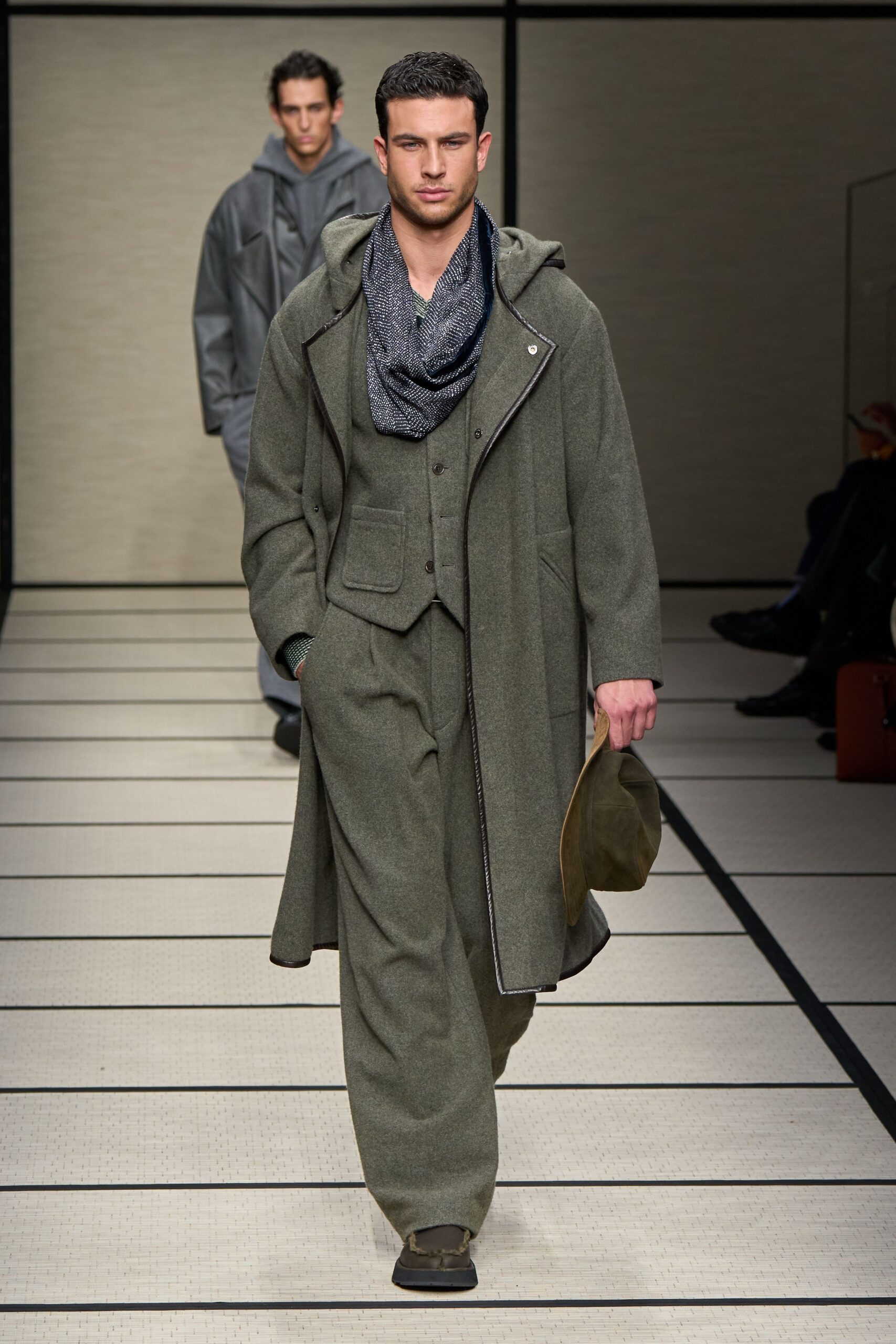 green wool long-sleeve hooded relaxed zippered maxi coat