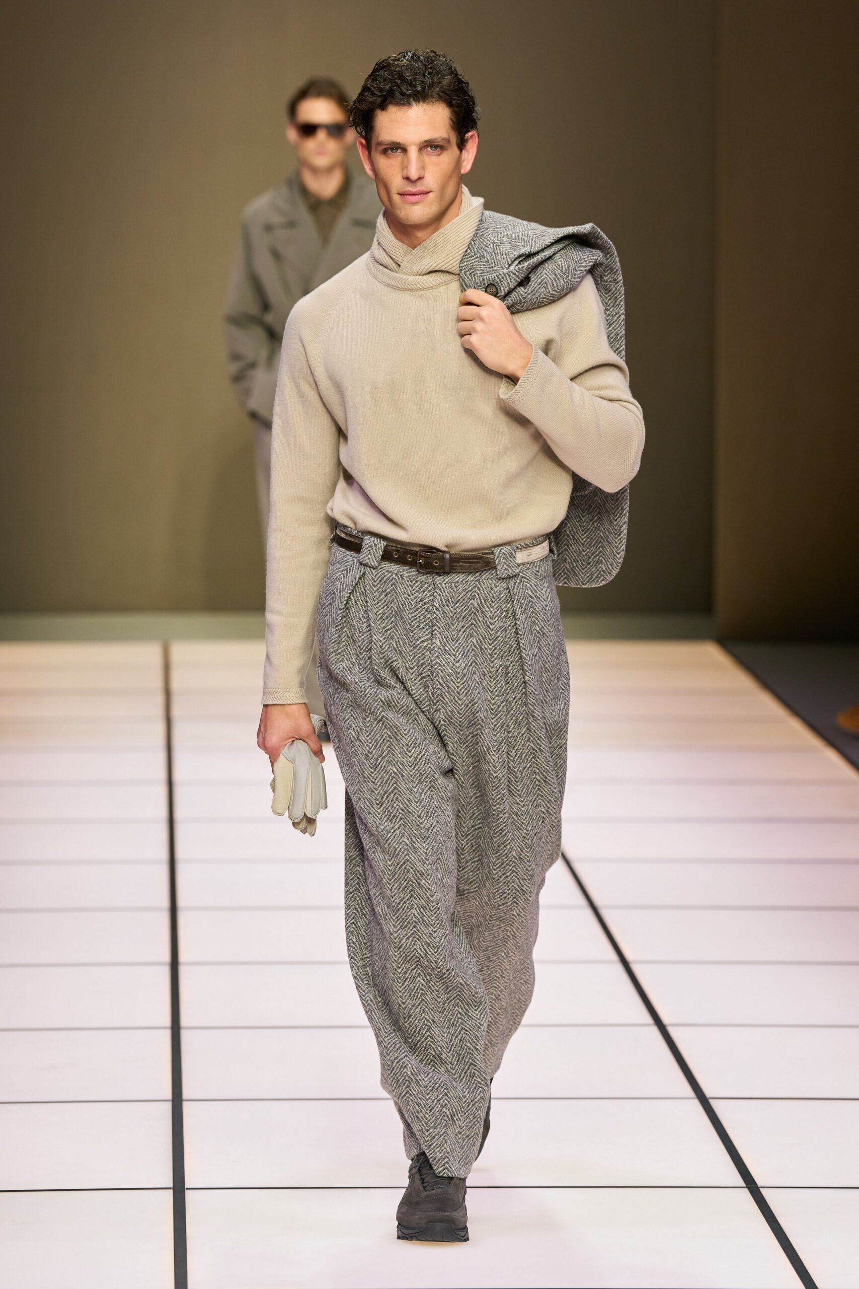 beige wool sweater with gray pants