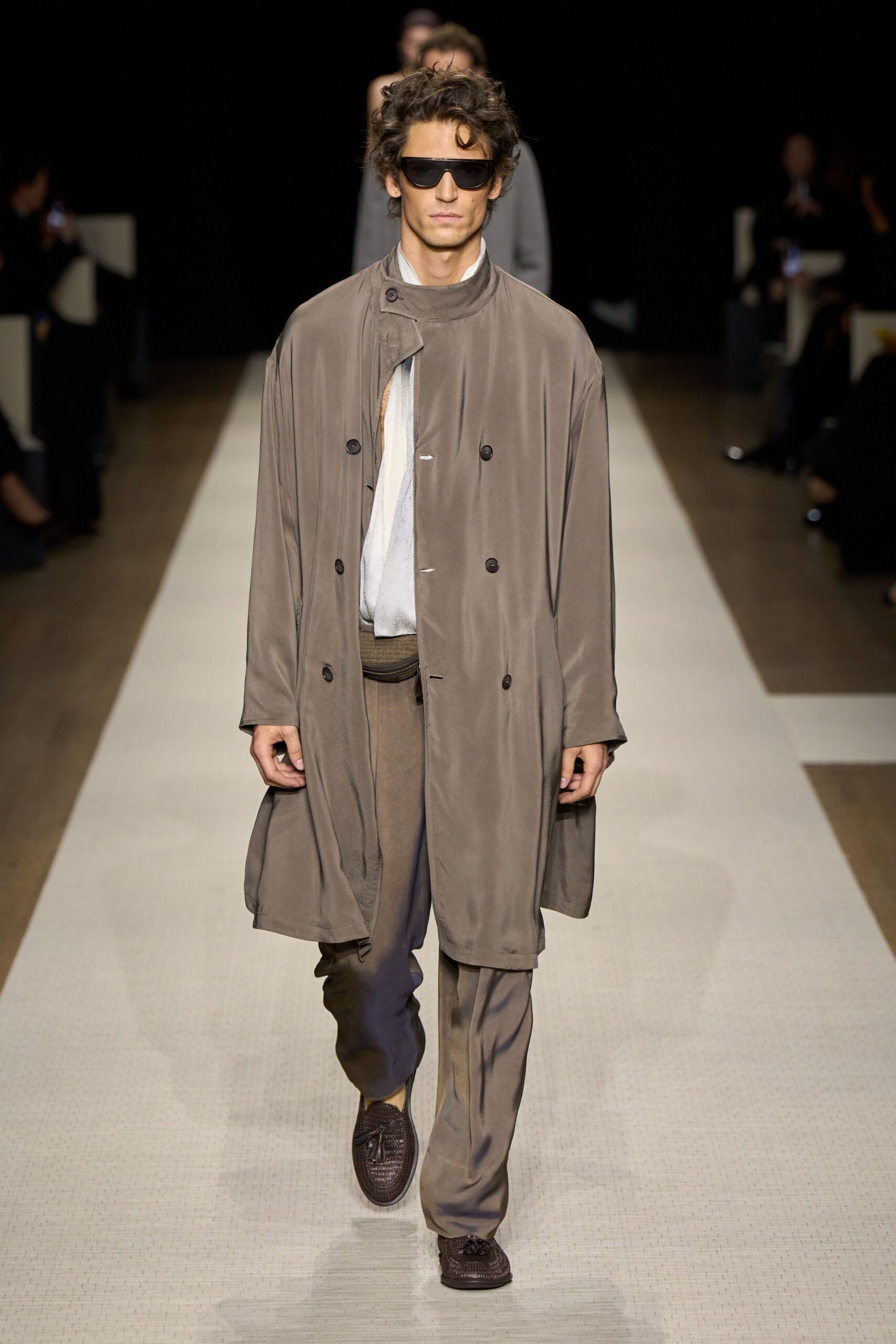 gray silk tailored straight-leg pants