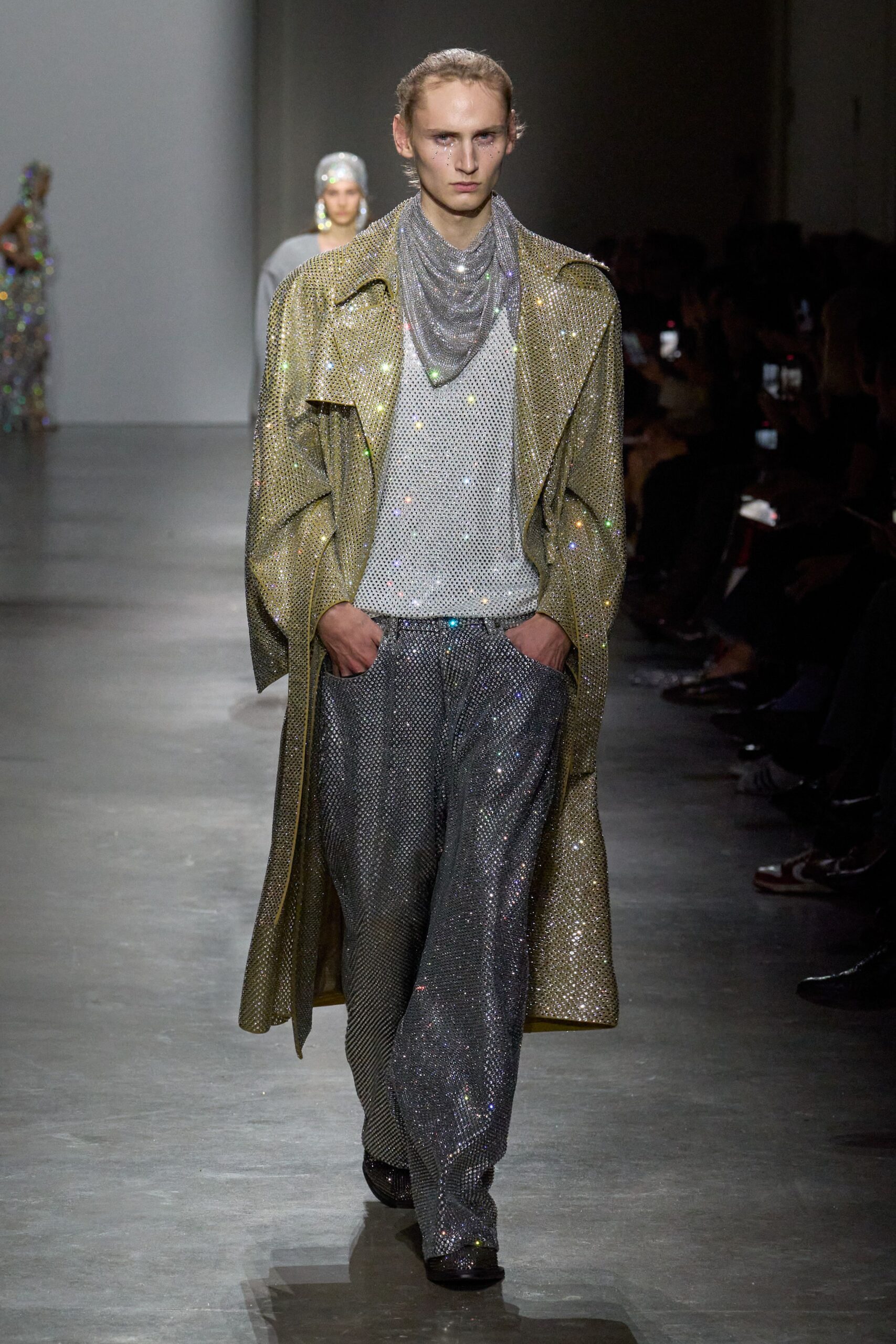 gold metallic long-sleeve relaxed zippered shiny trench