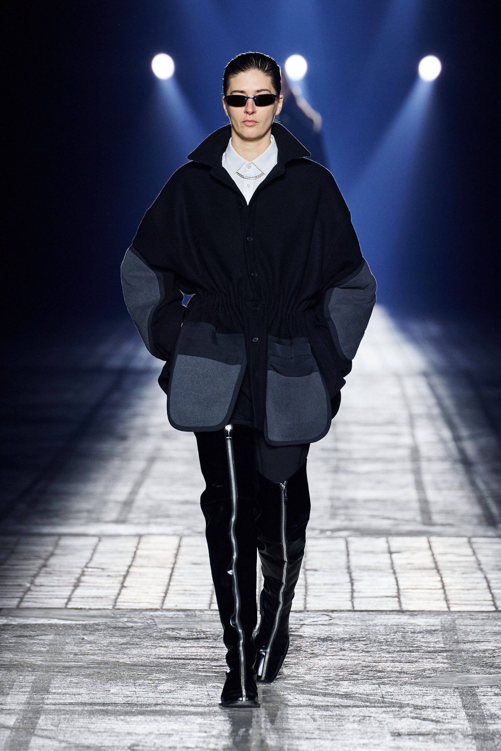 black gray relaxed jacket with leather pants