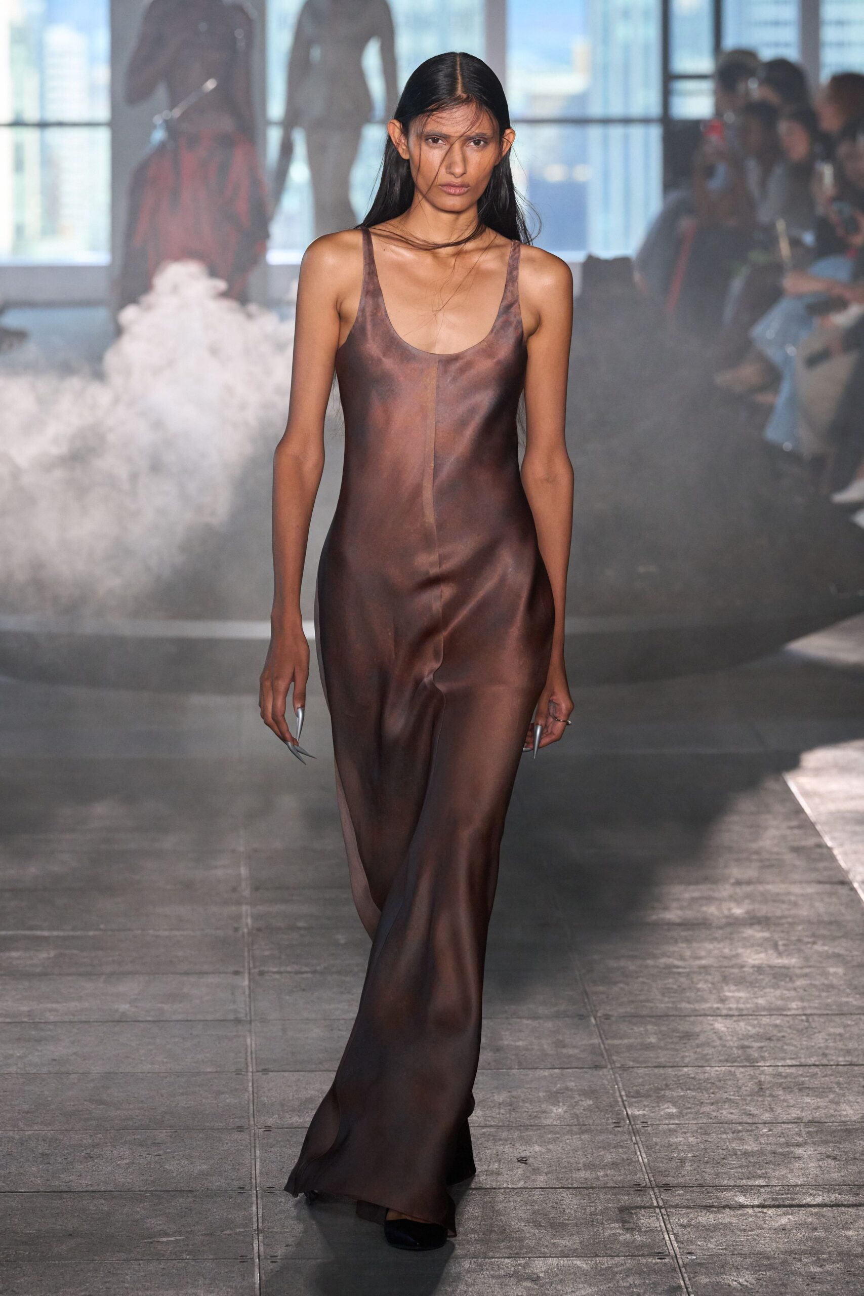 brown silk sleeveless v-neck fitted flowing sheer gown