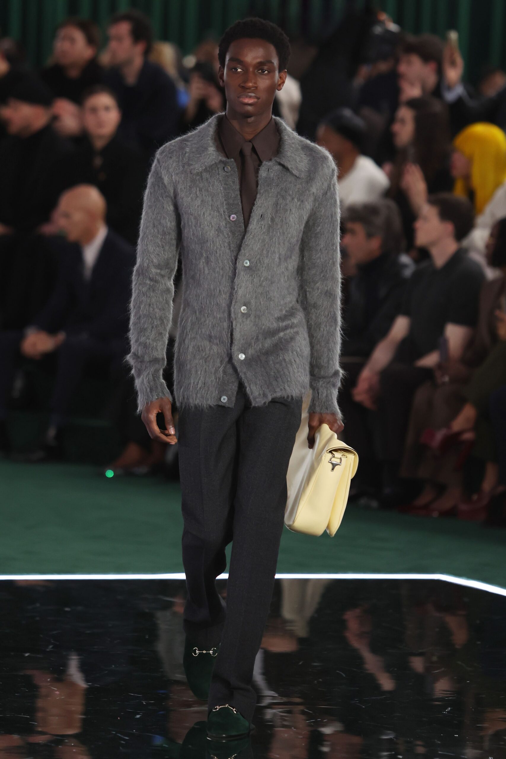 gray wool long-sleeve collared relaxed buttoned cardigan