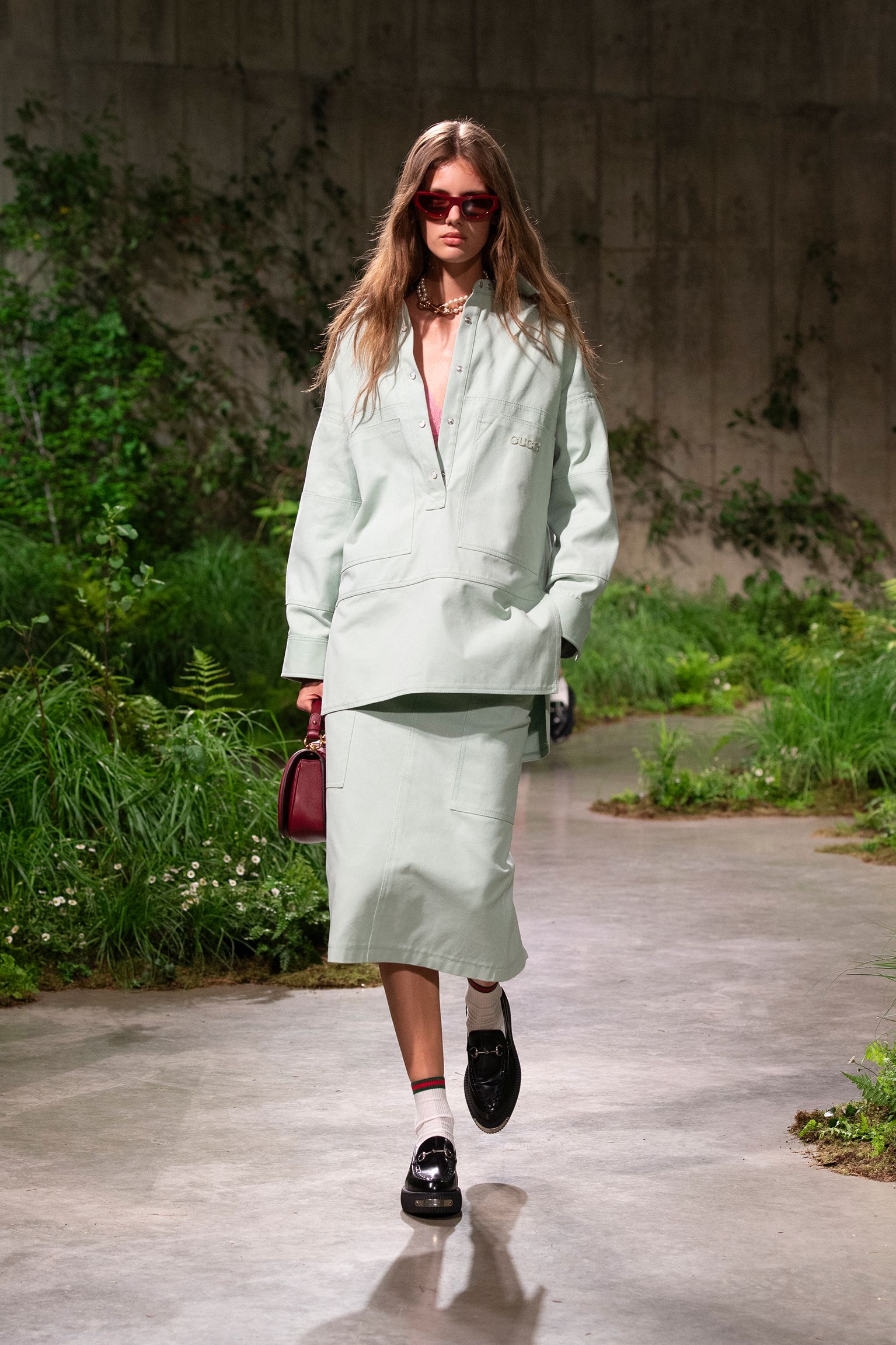 mint jacket and skirt outfit