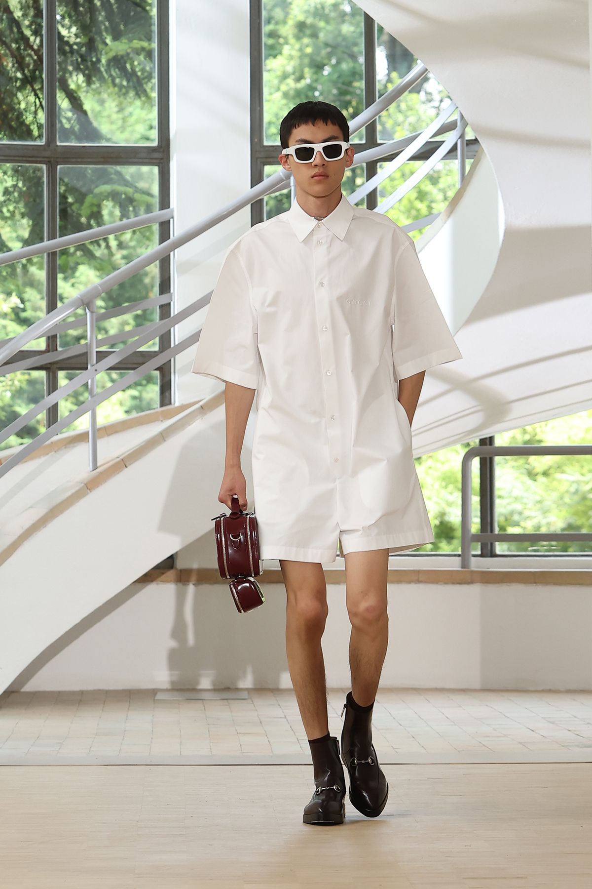 white cotton short-sleeve collared relaxed buttoned short shirt-dress