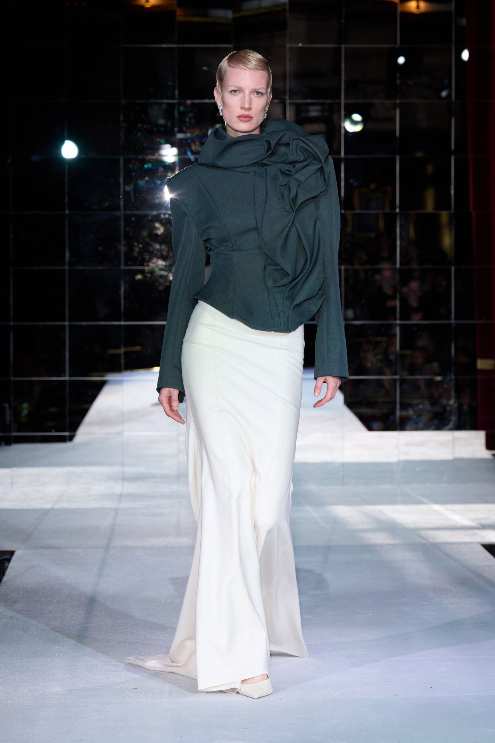 green wool long-sleeve high-neck fitted ruffled top