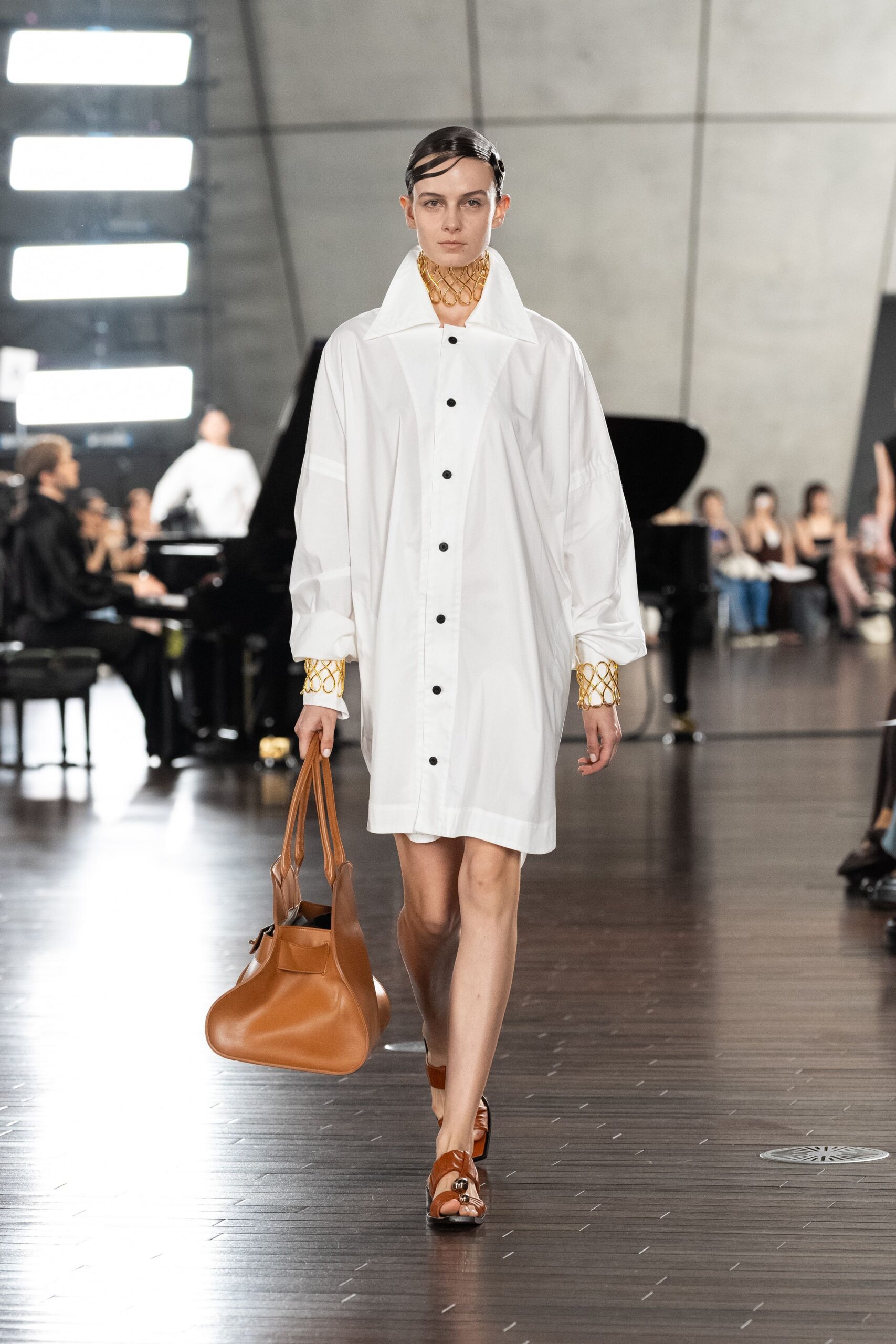 white cotton long-sleeve collared oversized buttoned short shirt-dress