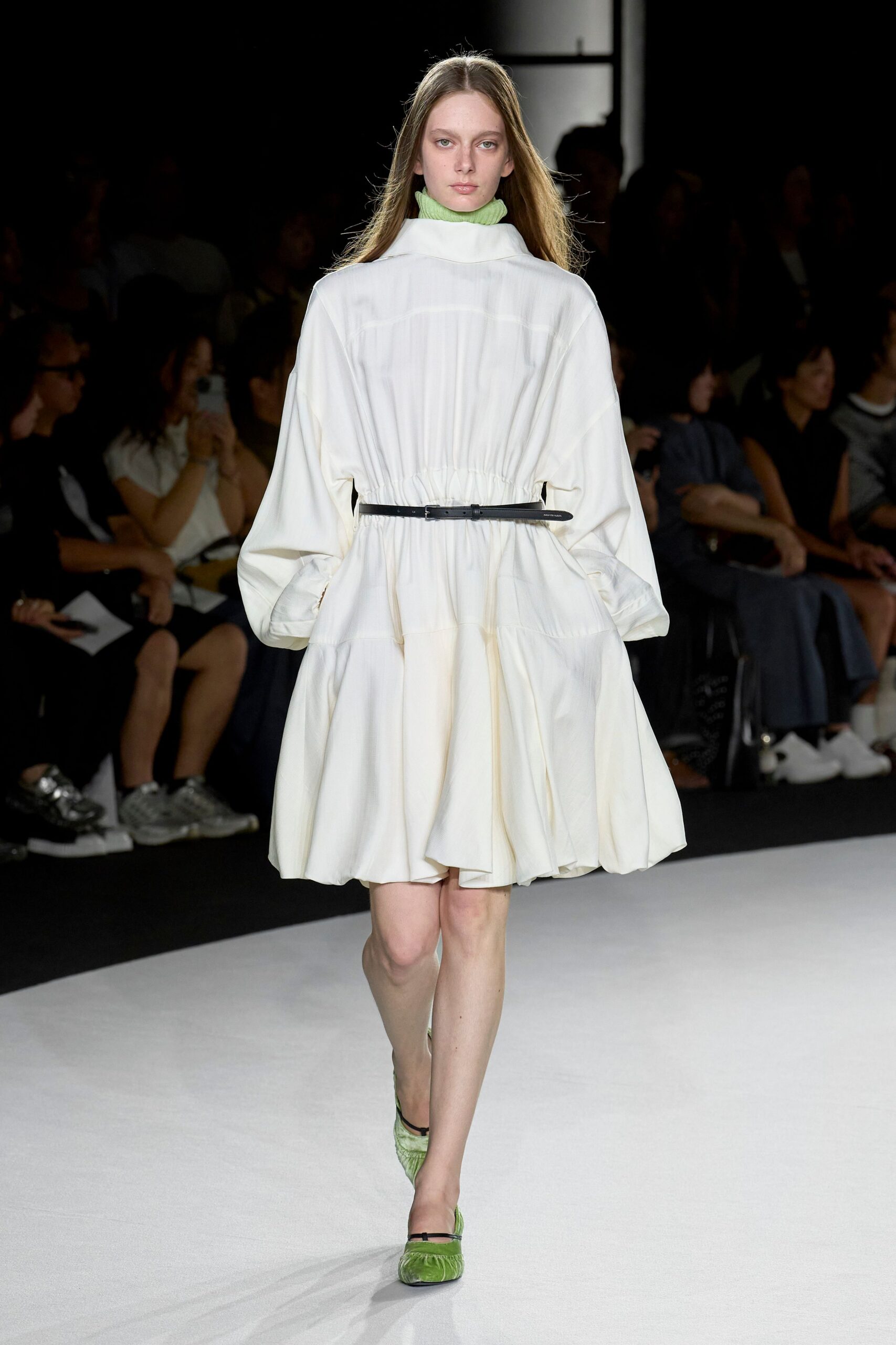 white cotton long-sleeve collared relaxed pleated belted dress