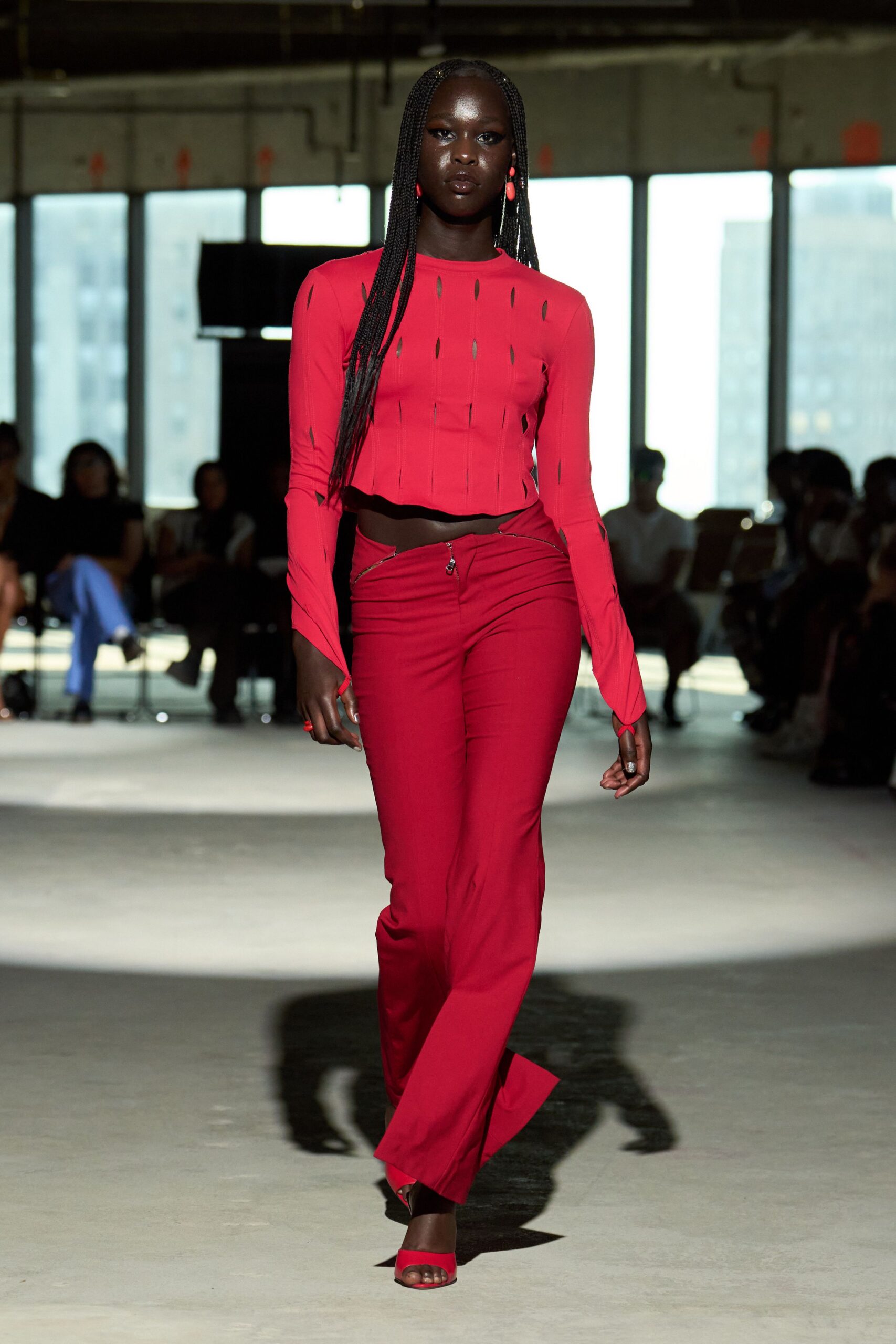 red cotton long-sleeve fitted pleated cropped top