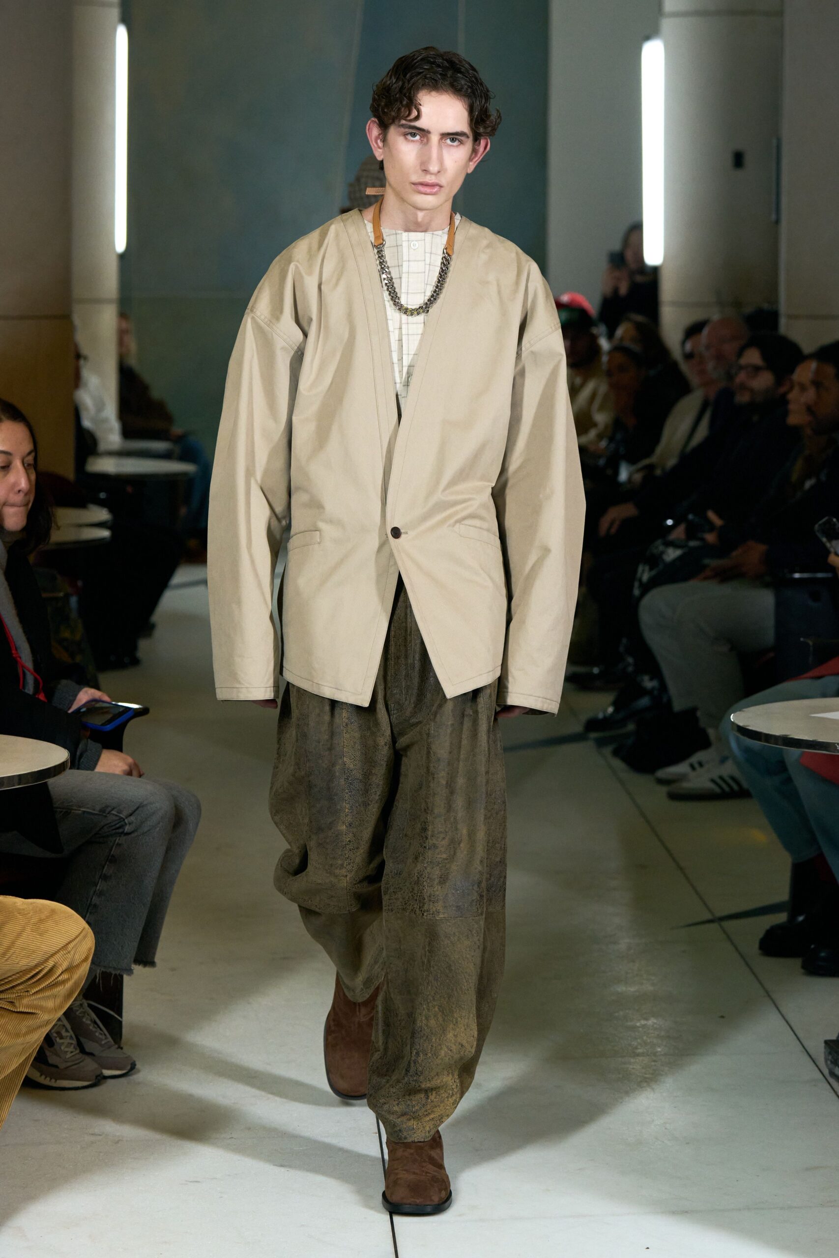 beige oversized jacket with brown pants
