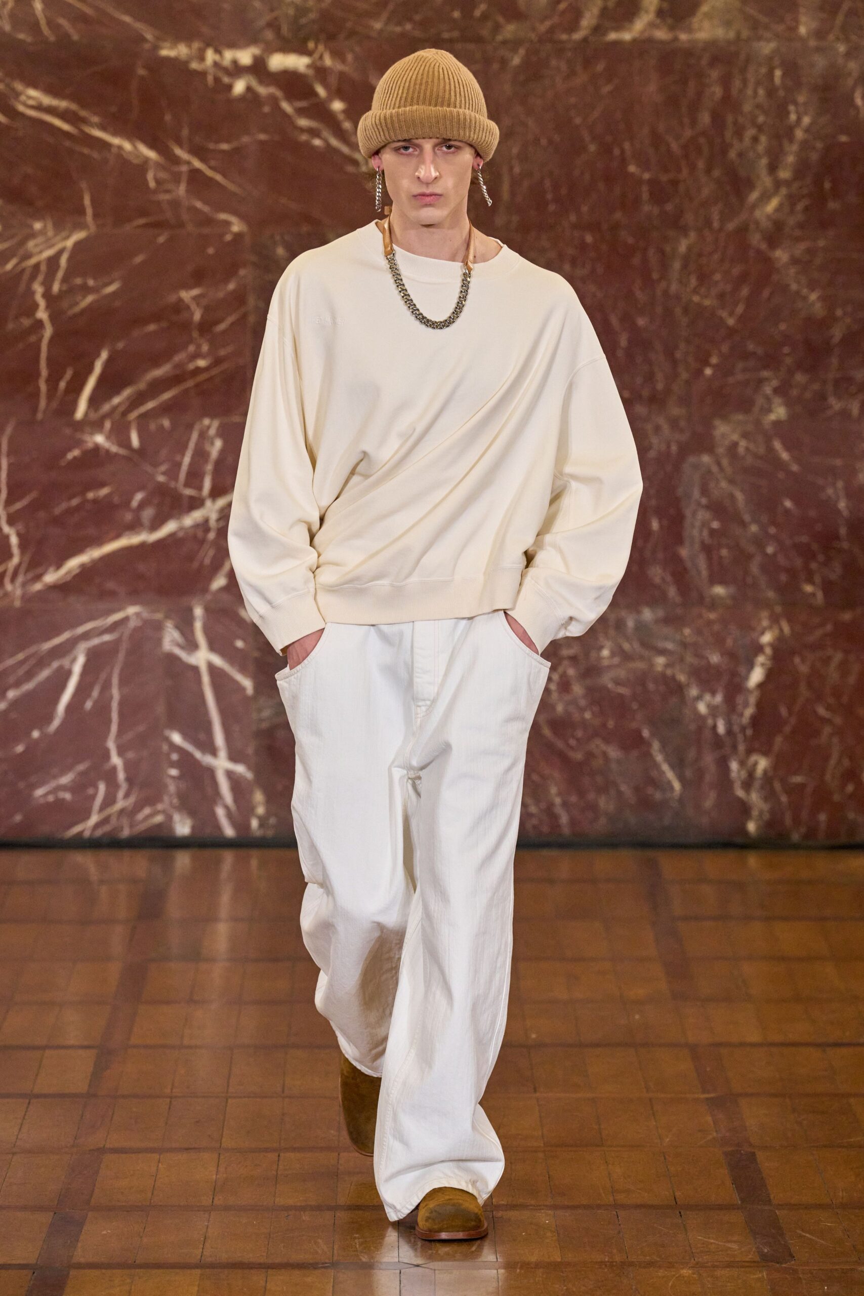 white relaxed sweater and pants