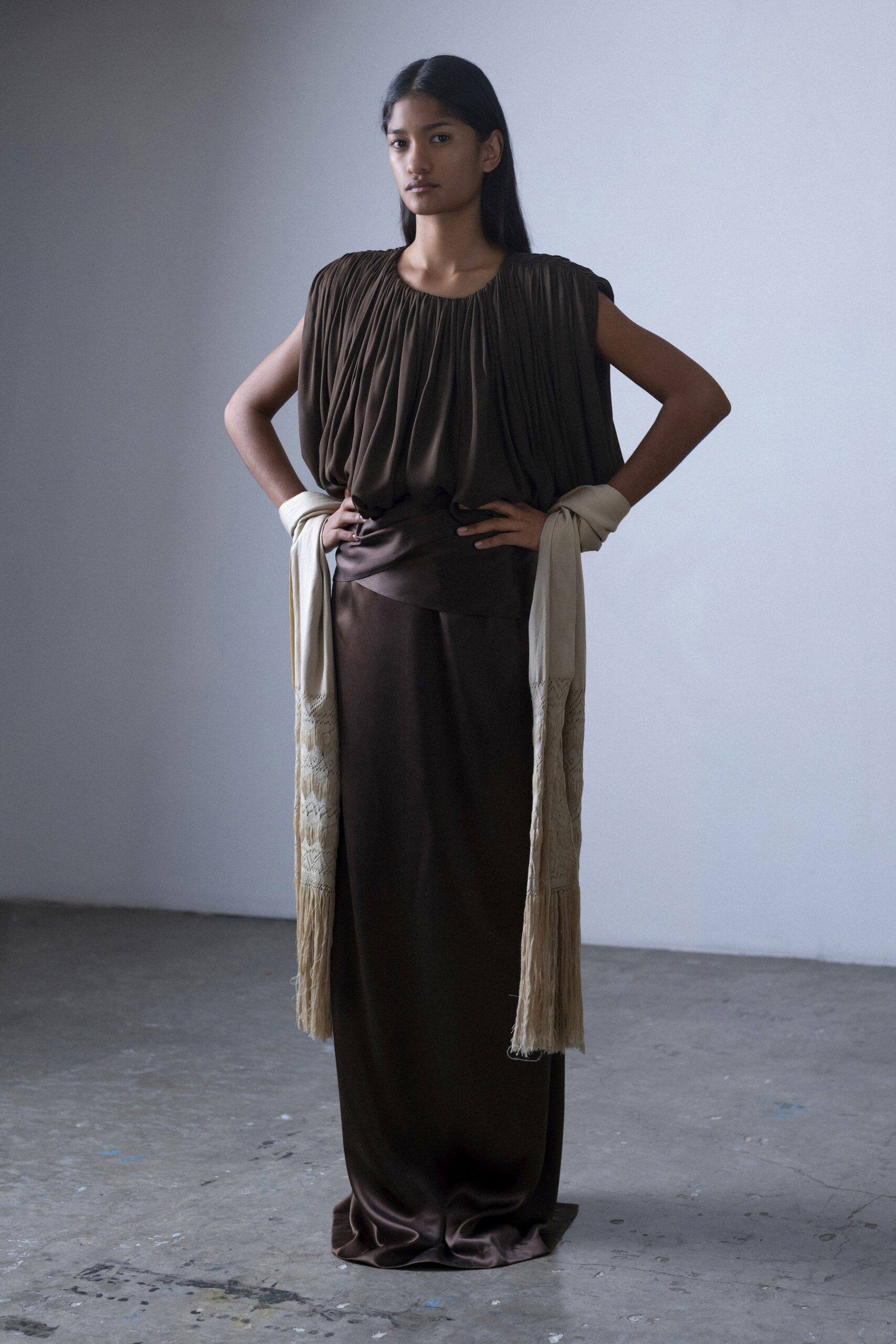 ivory silk relaxed fringed scarf