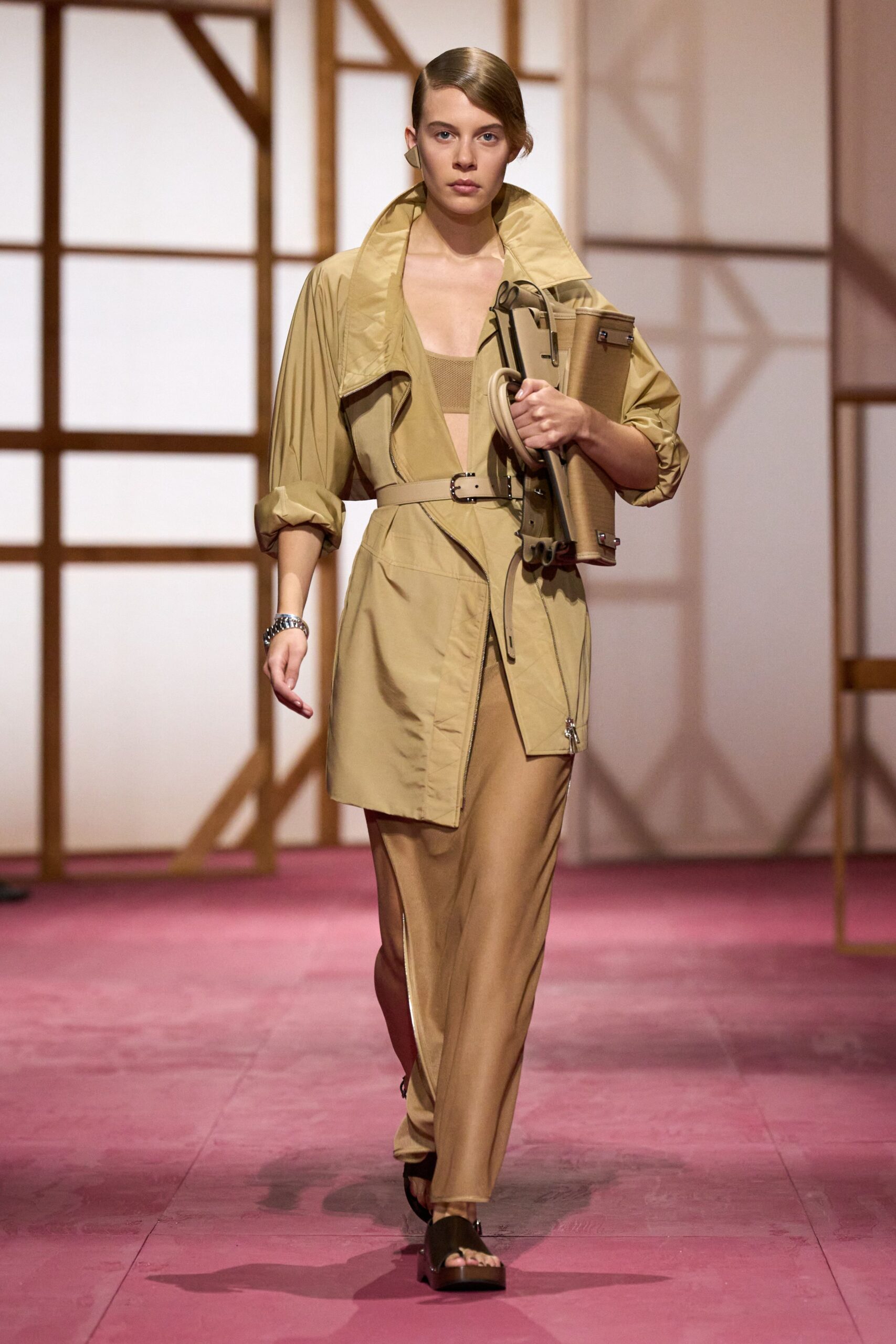 beige relaxed jacket with fitted pants