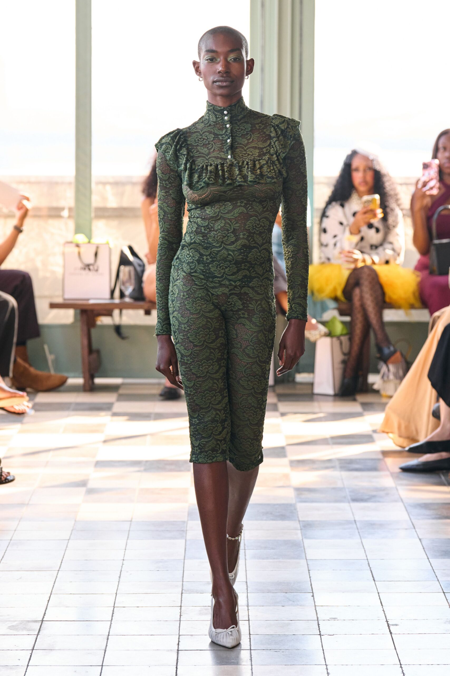 green lace long-sleeve high-neck fitted ruffled embroidered catsuit