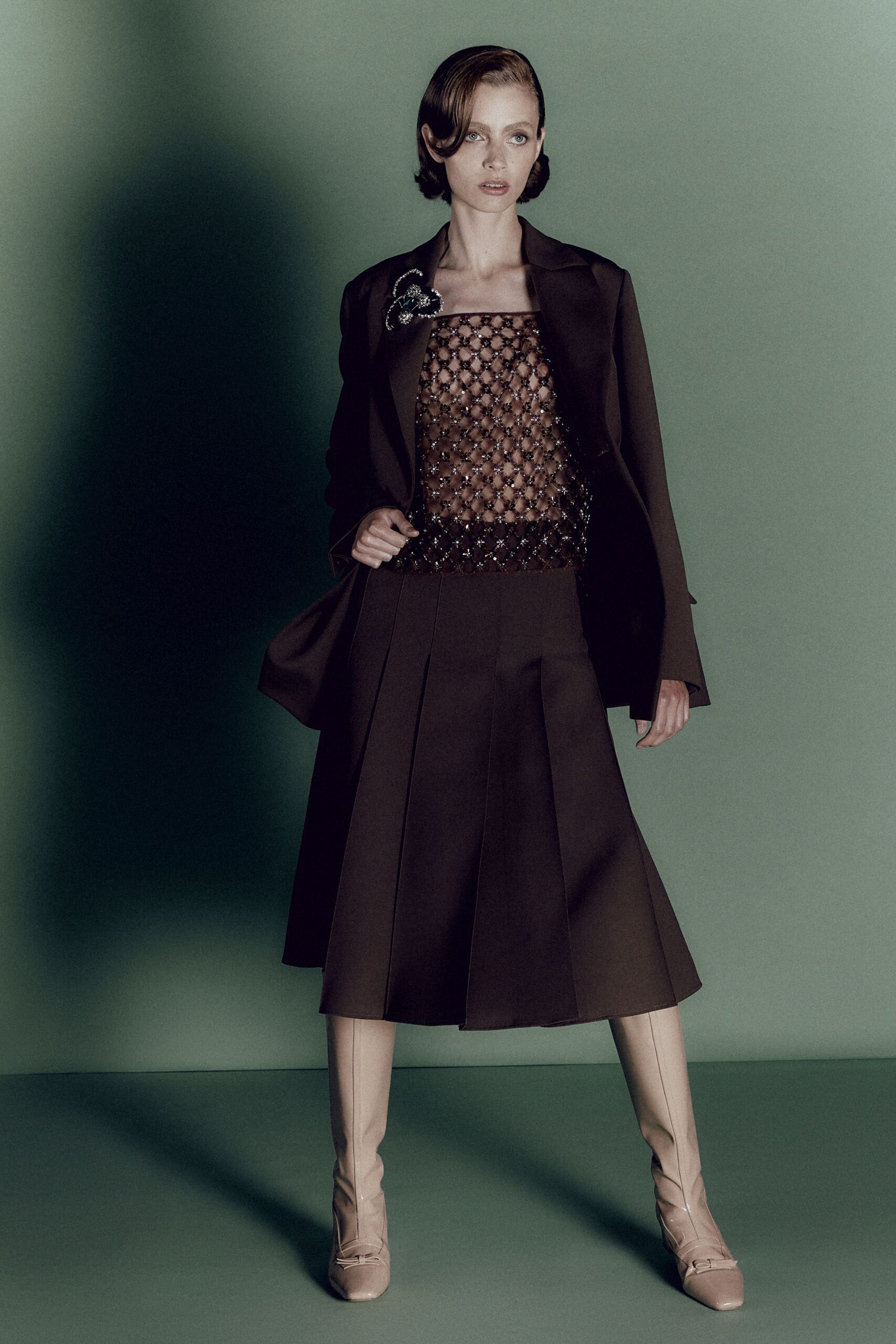 black blazer brown pleated top