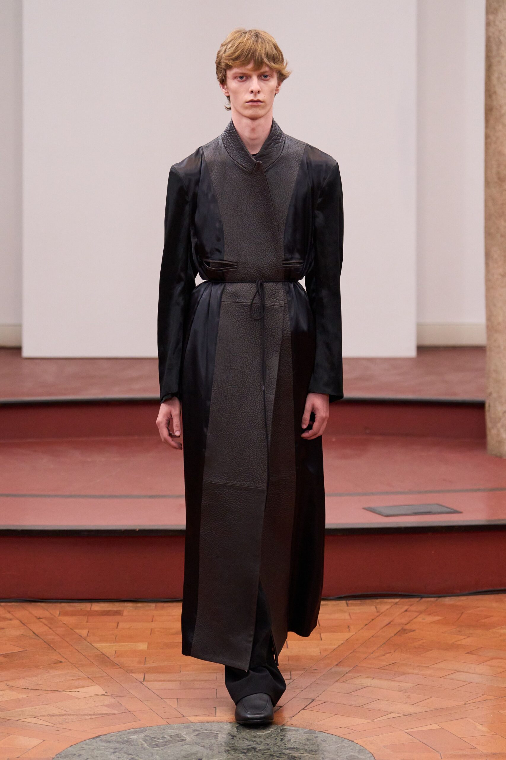 black silk belted coat