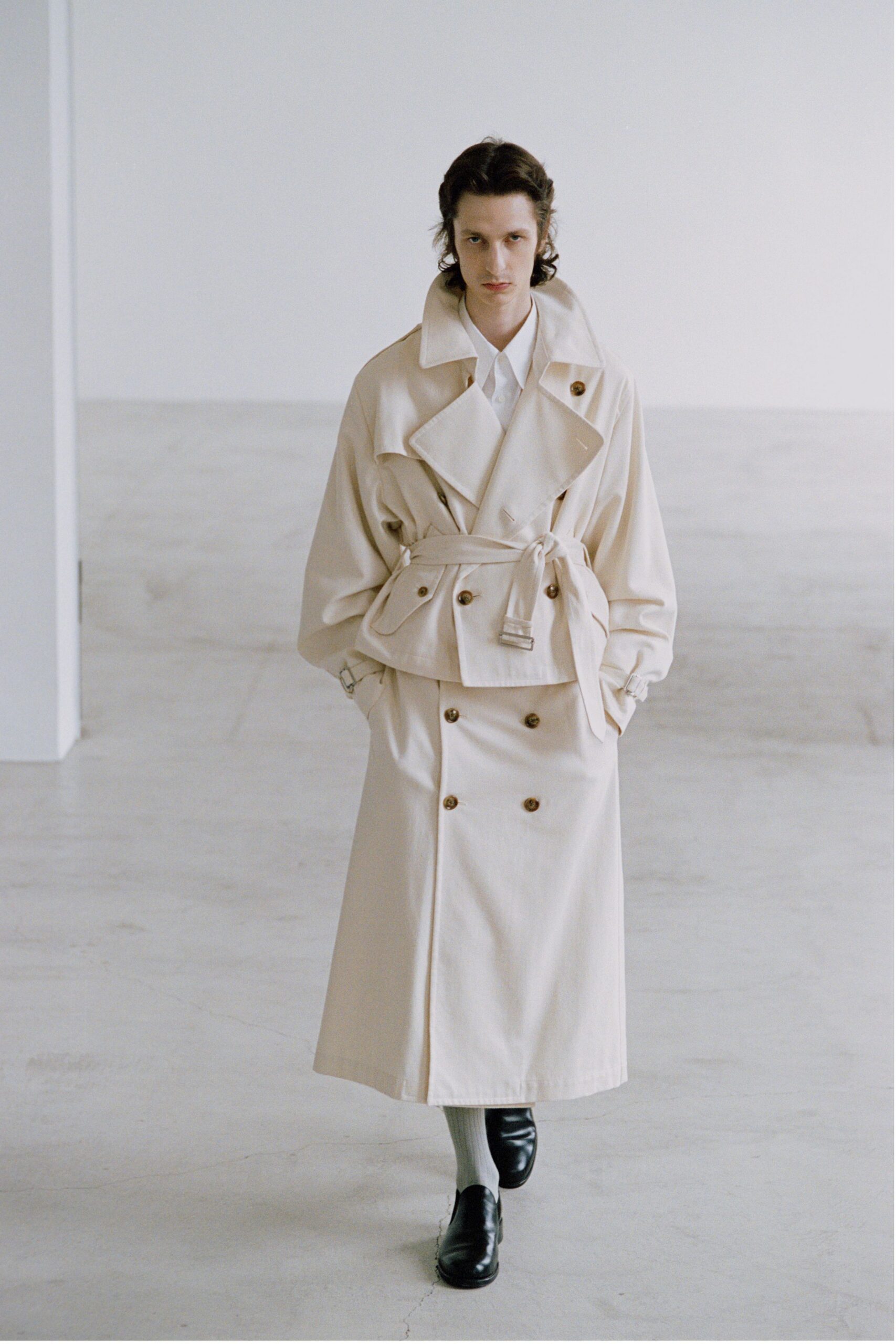 beige cotton long-sleeve collared relaxed belted maxi trench