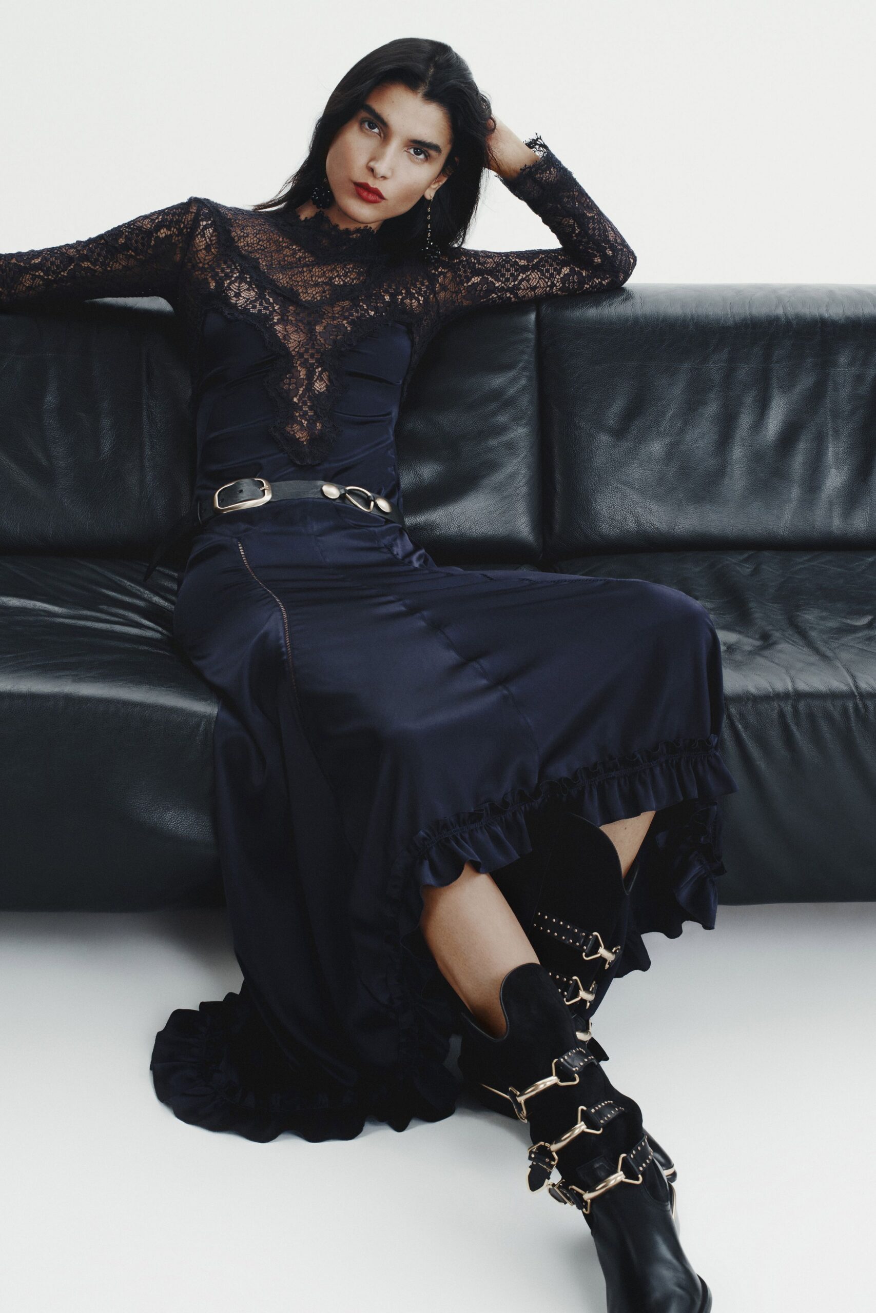 blue silk long-sleeve high-neck fitted ruffled layered dress