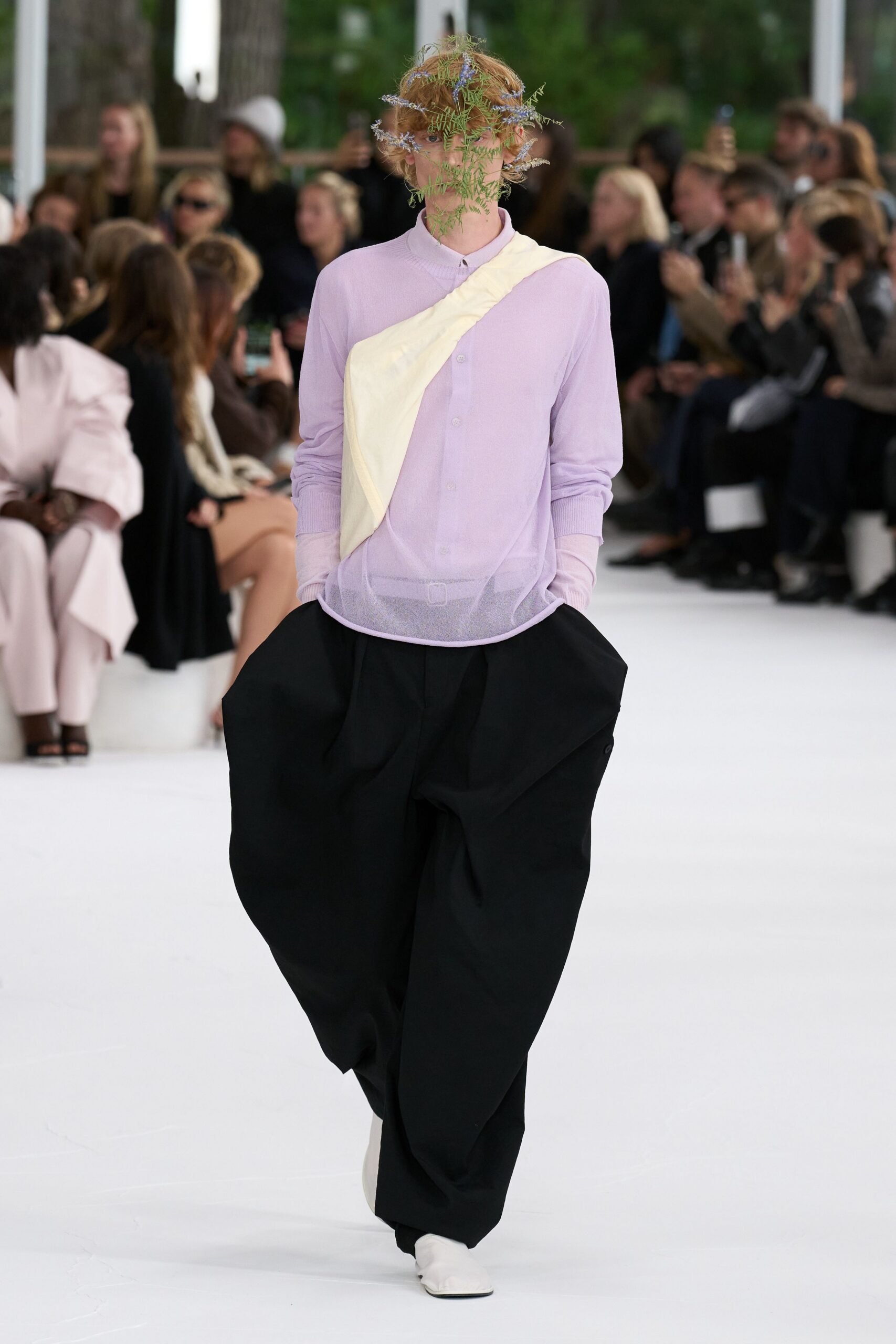 purple cotton long-sleeve collared relaxed pleated shirt